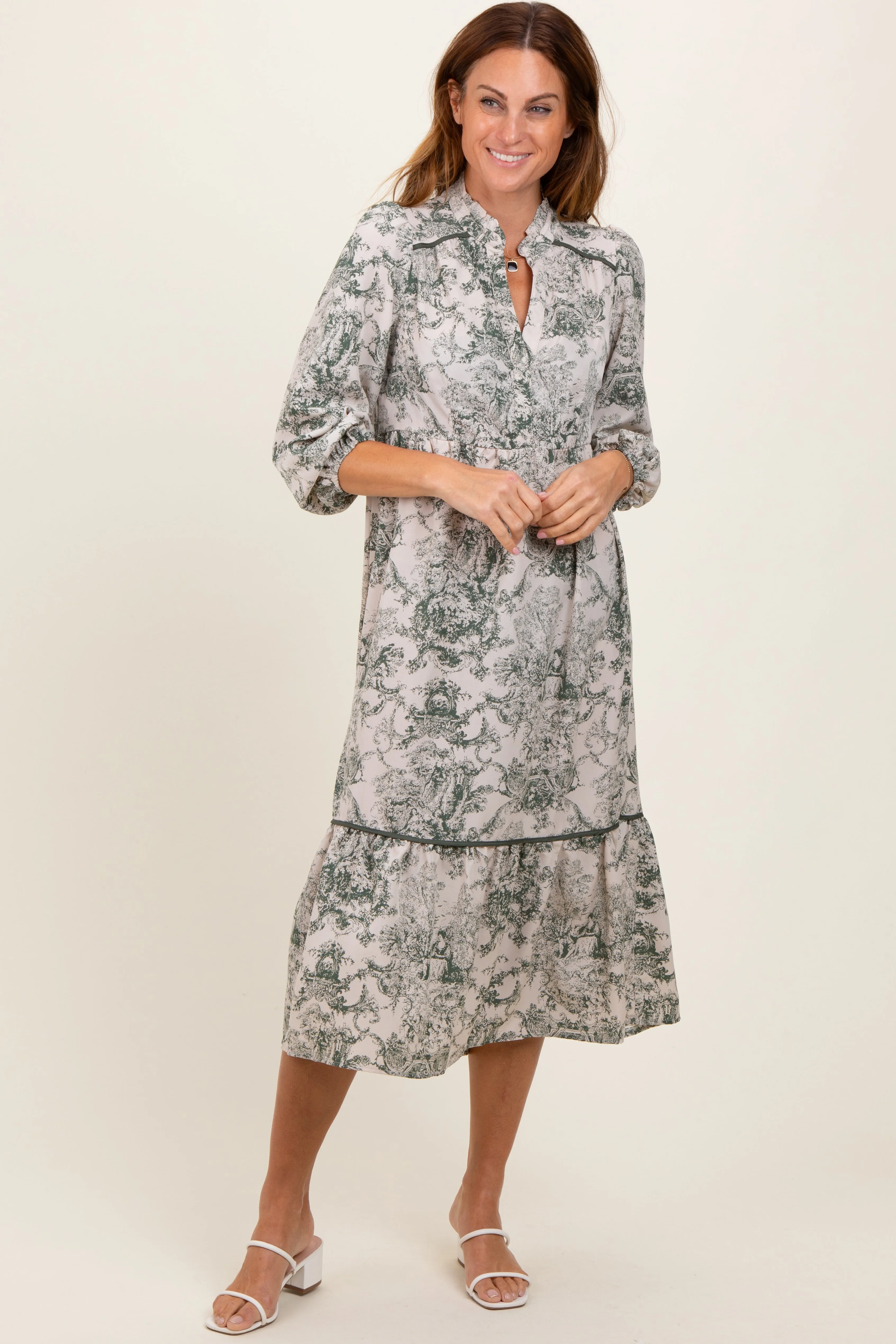 Forest Green Printed Split Ruffle Collar Midi Dress sold by Pinkblush product image thumbnail 2