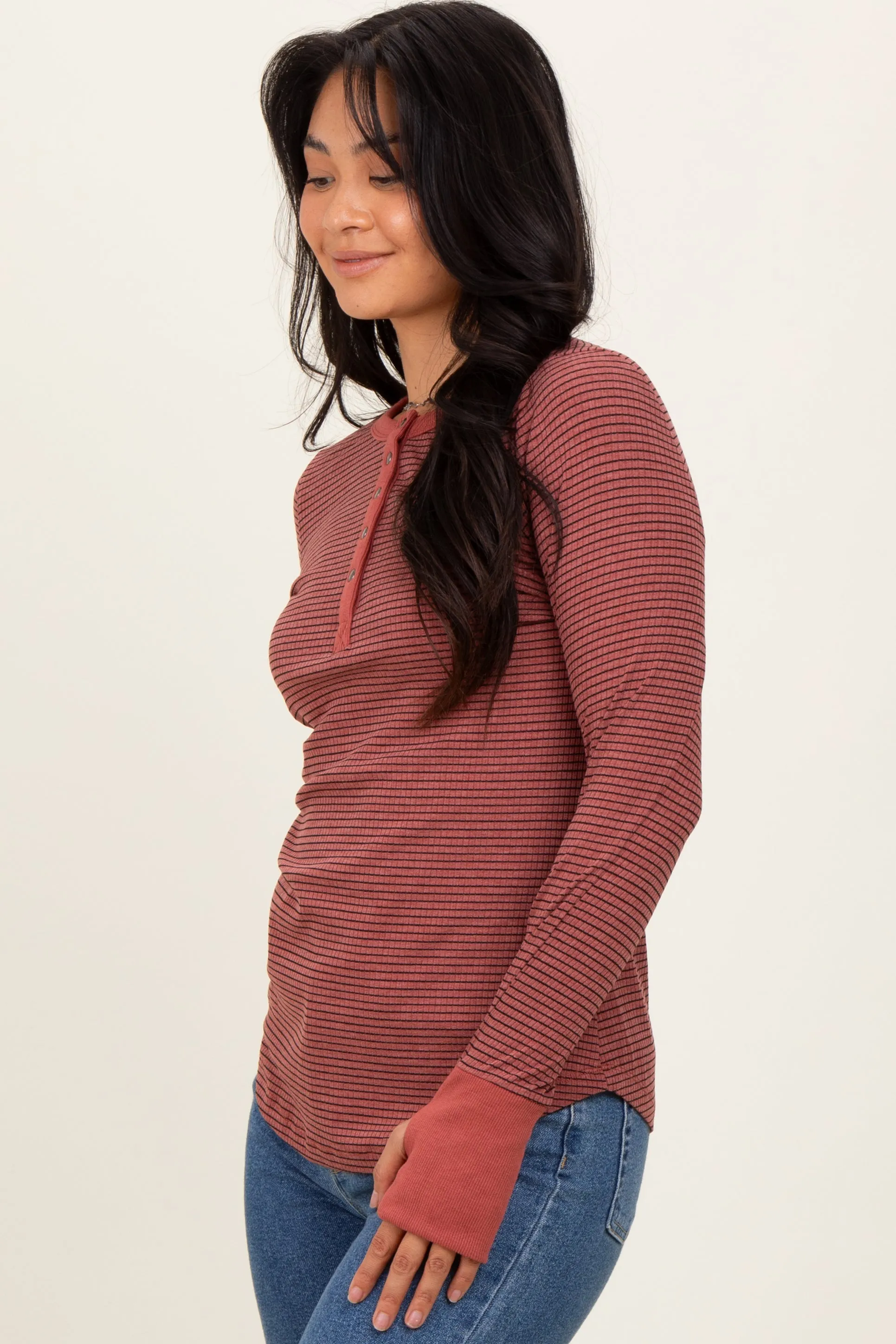 Rust Striped Snap Button Henley Top sold by Pinkblush product image thumbnail 3