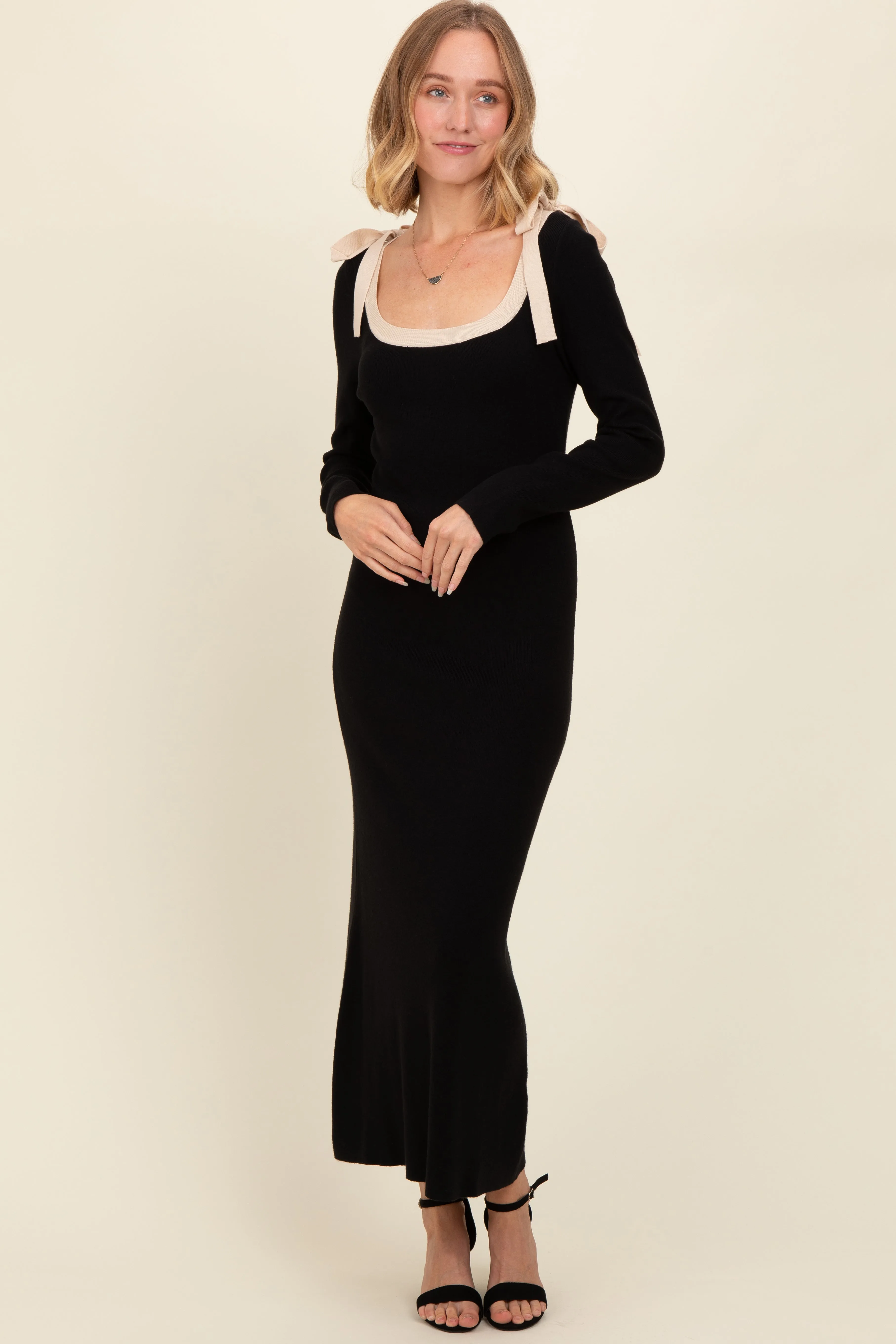 Black Shoulder Bow Detail Maxi Sweater Dress sold by Pinkblush product image thumbnail 2