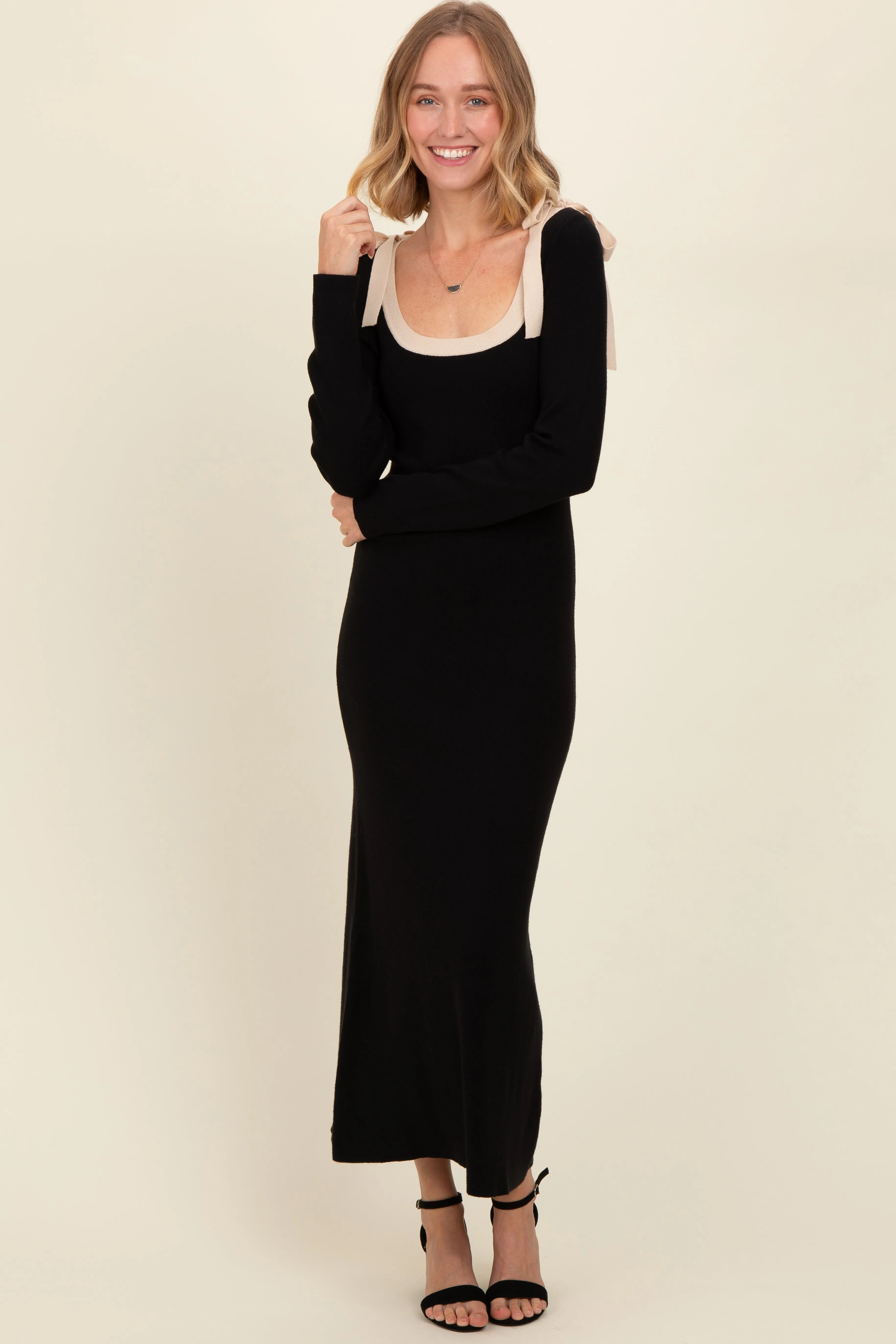 Black Shoulder Bow Detail Maxi Sweater Dress sold by Pinkblush