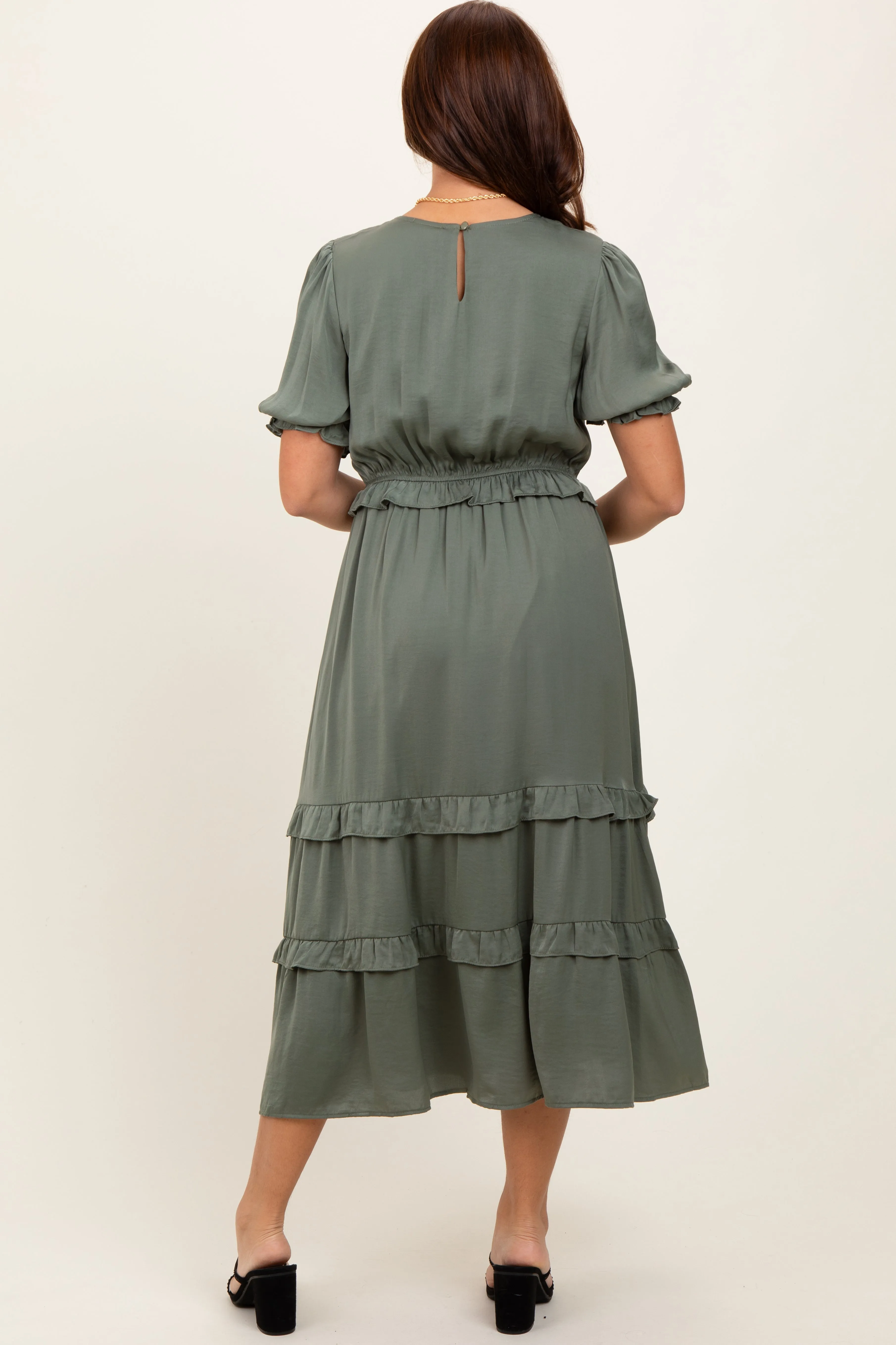 Olive Satin Ruffle Trim Midi Dress sold by Pinkblush product image thumbnail 3