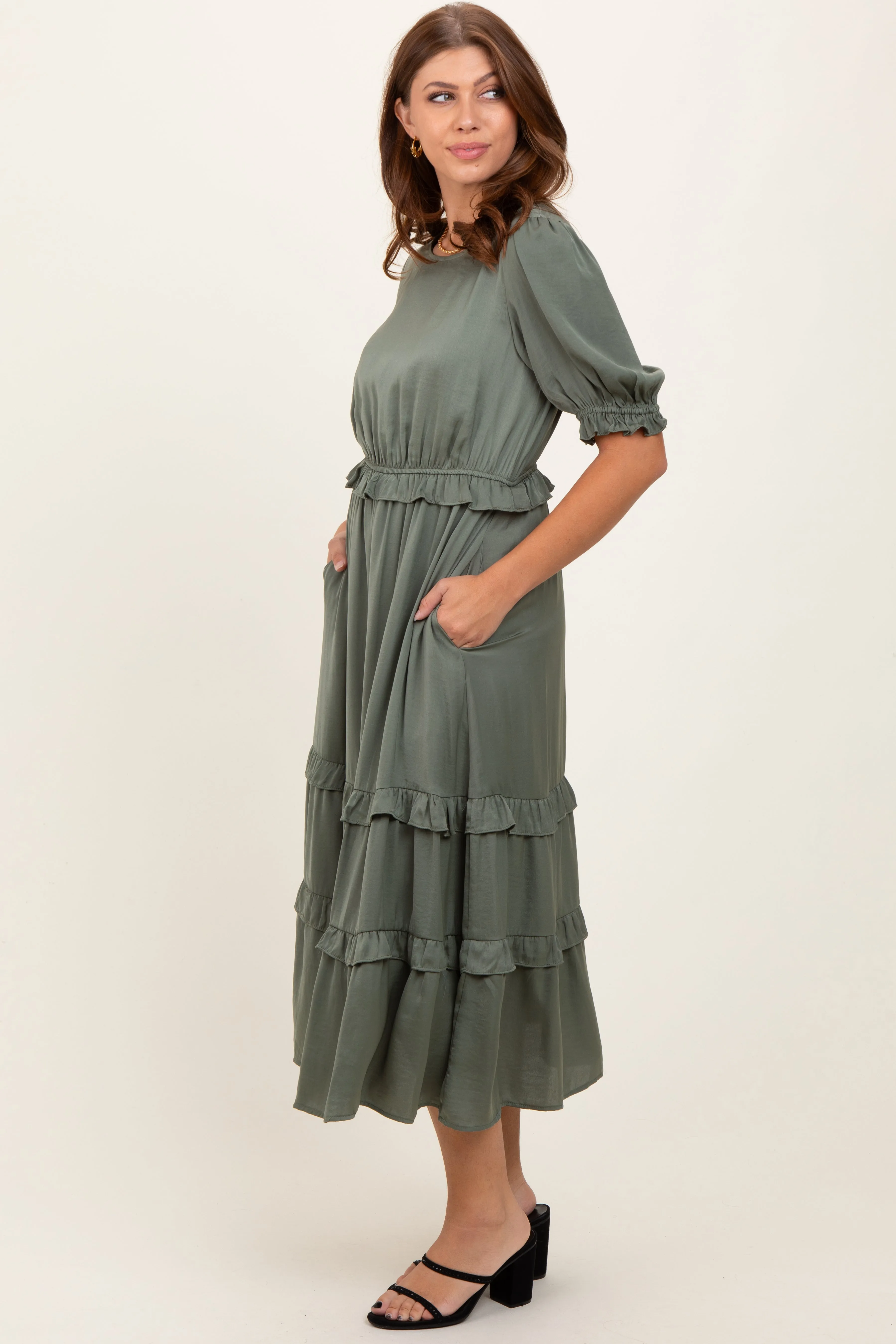 Olive Satin Ruffle Trim Midi Dress sold by Pinkblush product image thumbnail 2