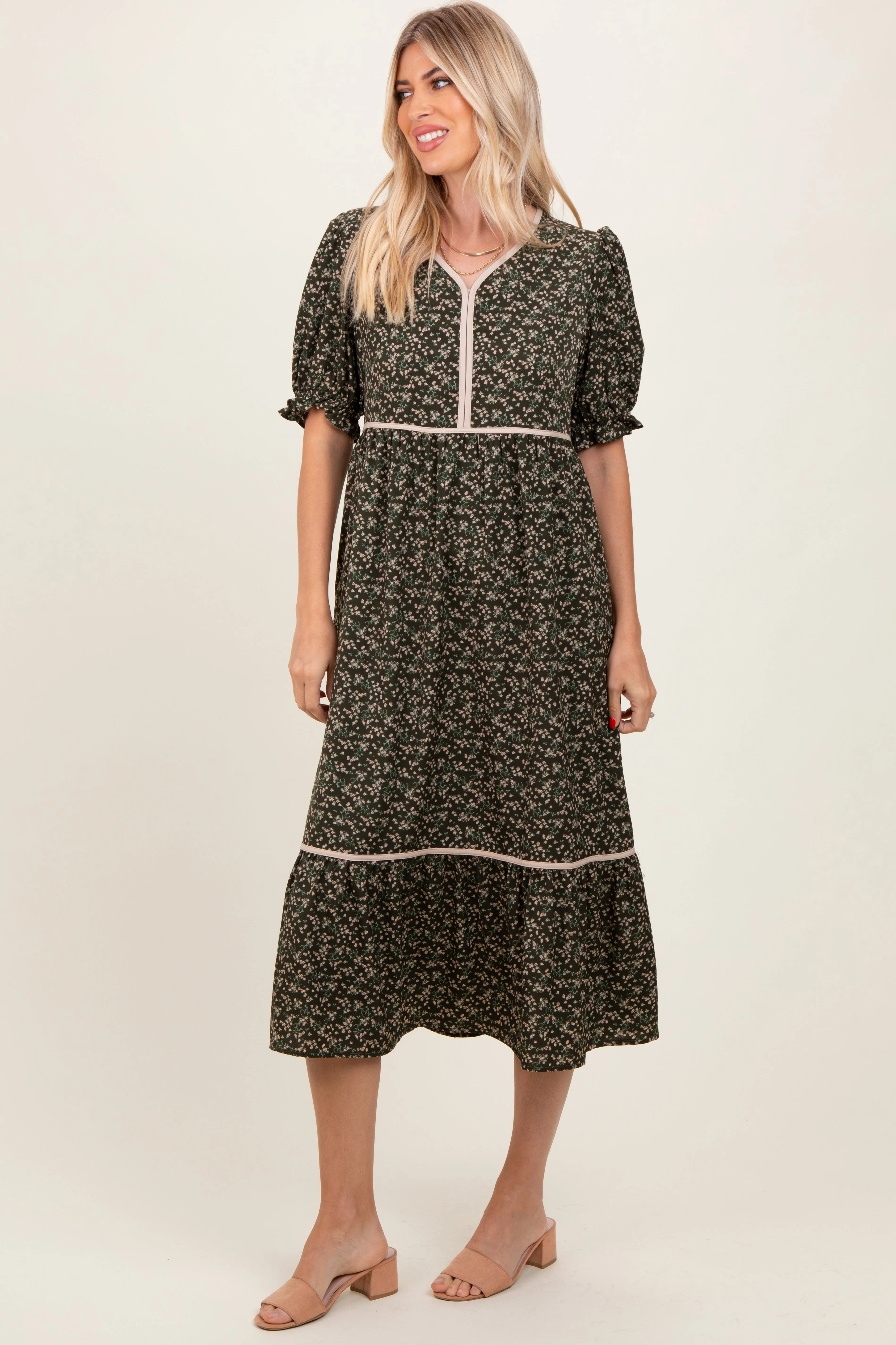 Olive Floral Puff Sleeve Ruffle Hem Midi Dress sold by Pinkblush product image thumbnail 2