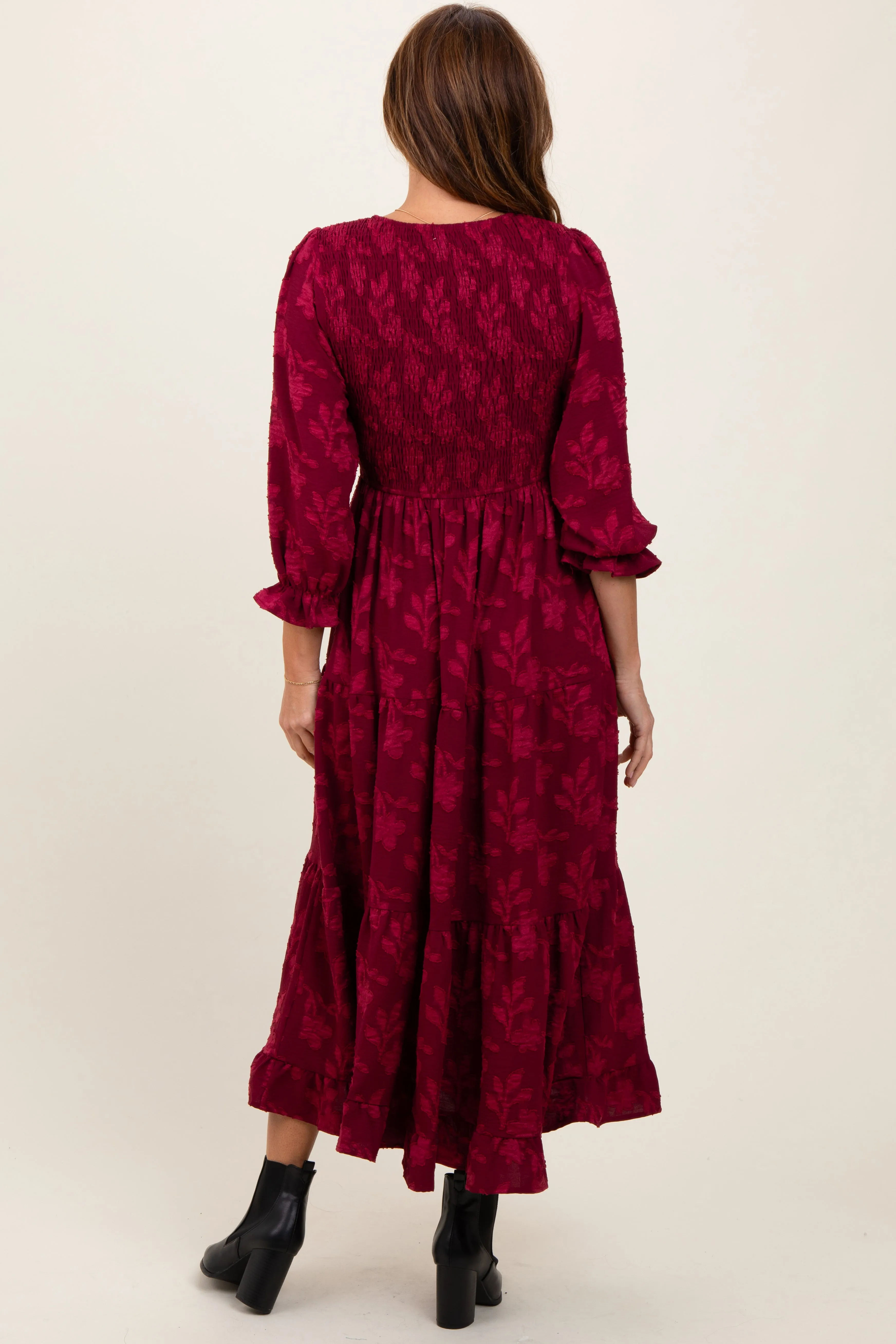 Burgundy Floral Smocked V-Neck Maxi Dress sold by Pinkblush product image thumbnail 4