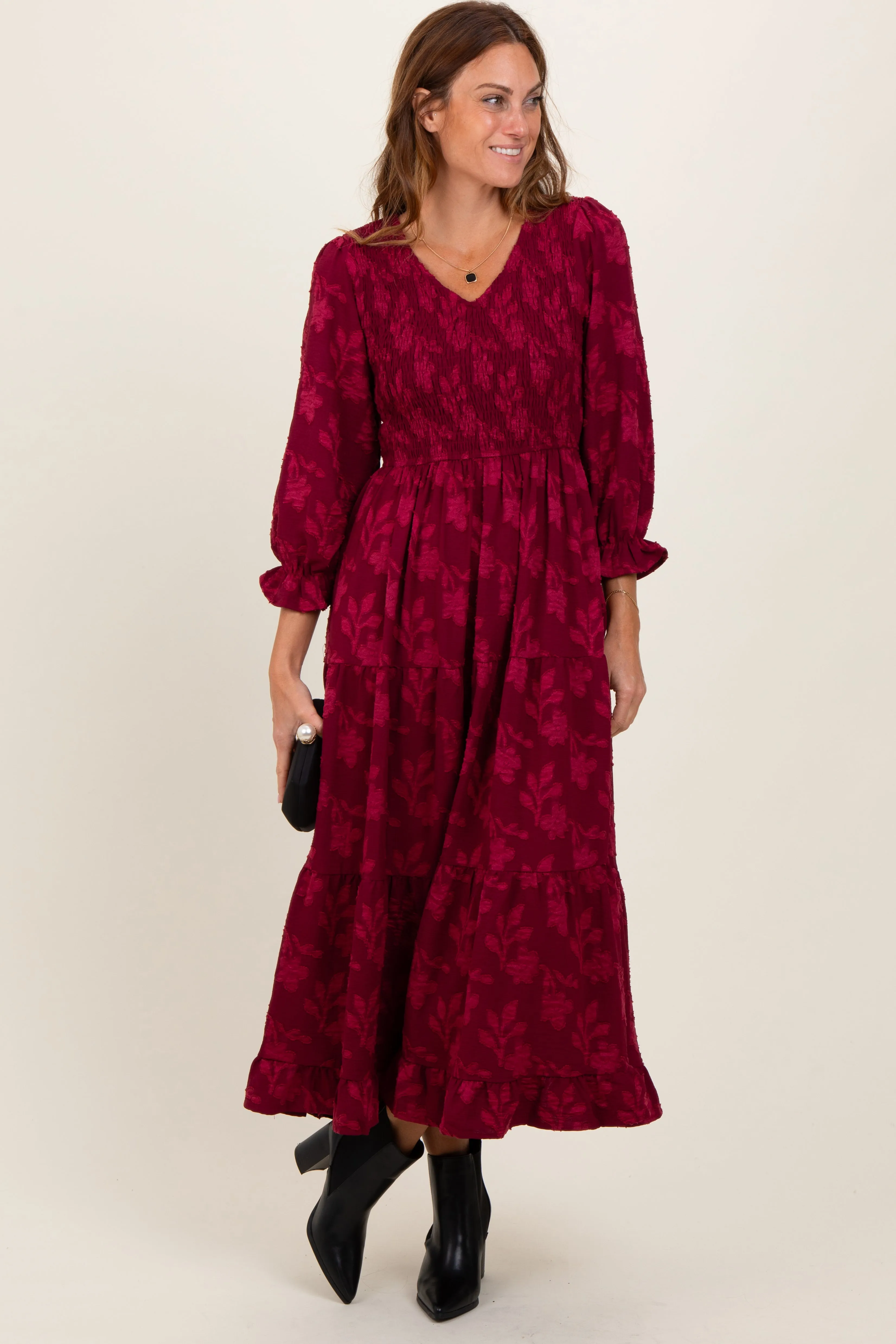 Burgundy Floral Smocked V-Neck Maxi Dress sold by Pinkblush product image thumbnail 2