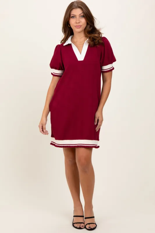 Burgundy Knit Contrast Trim Collared Mini Dress sold by Pinkblush