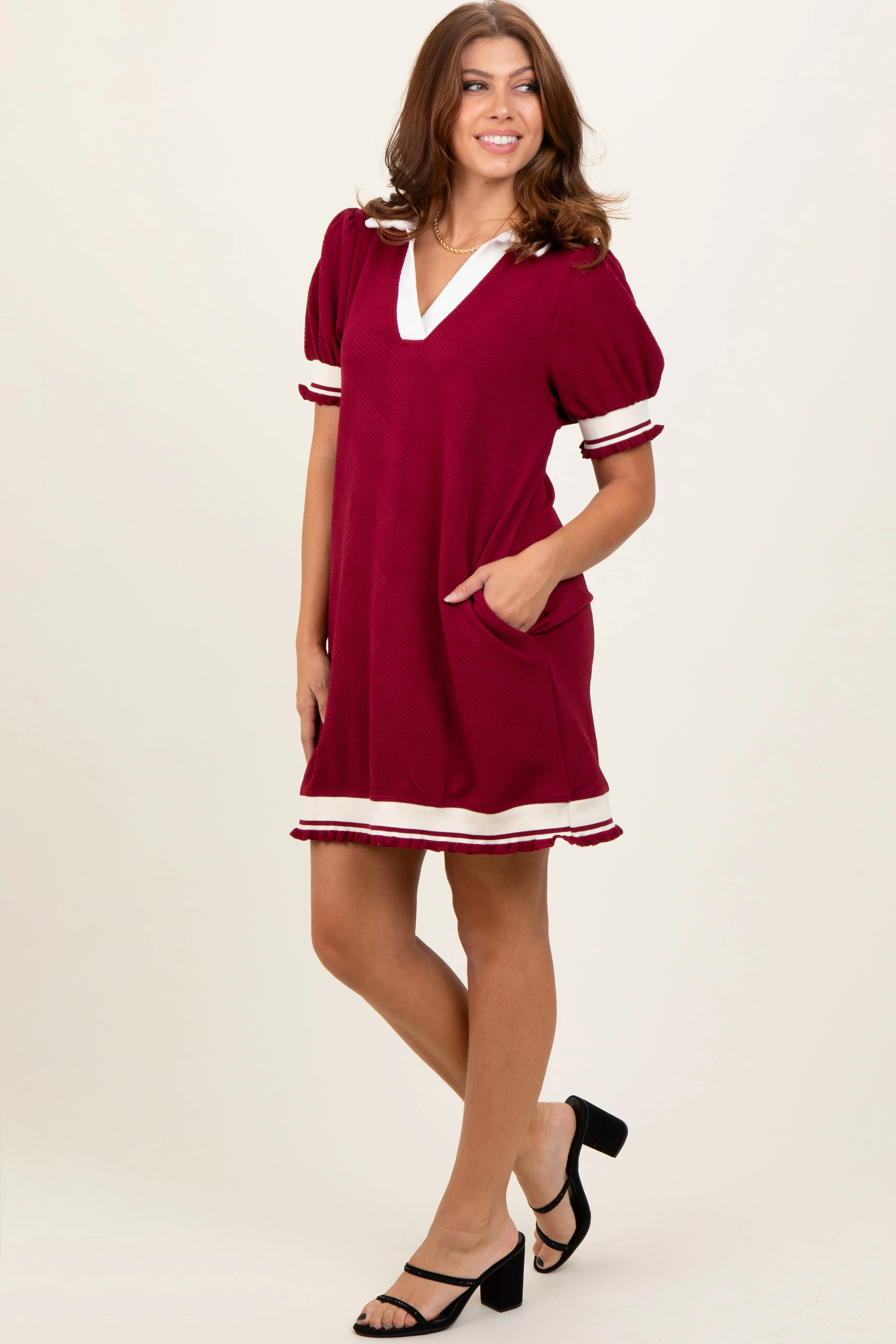 Burgundy Knit Contrast Trim Collared Mini Dress sold by Pinkblush product image thumbnail 2
