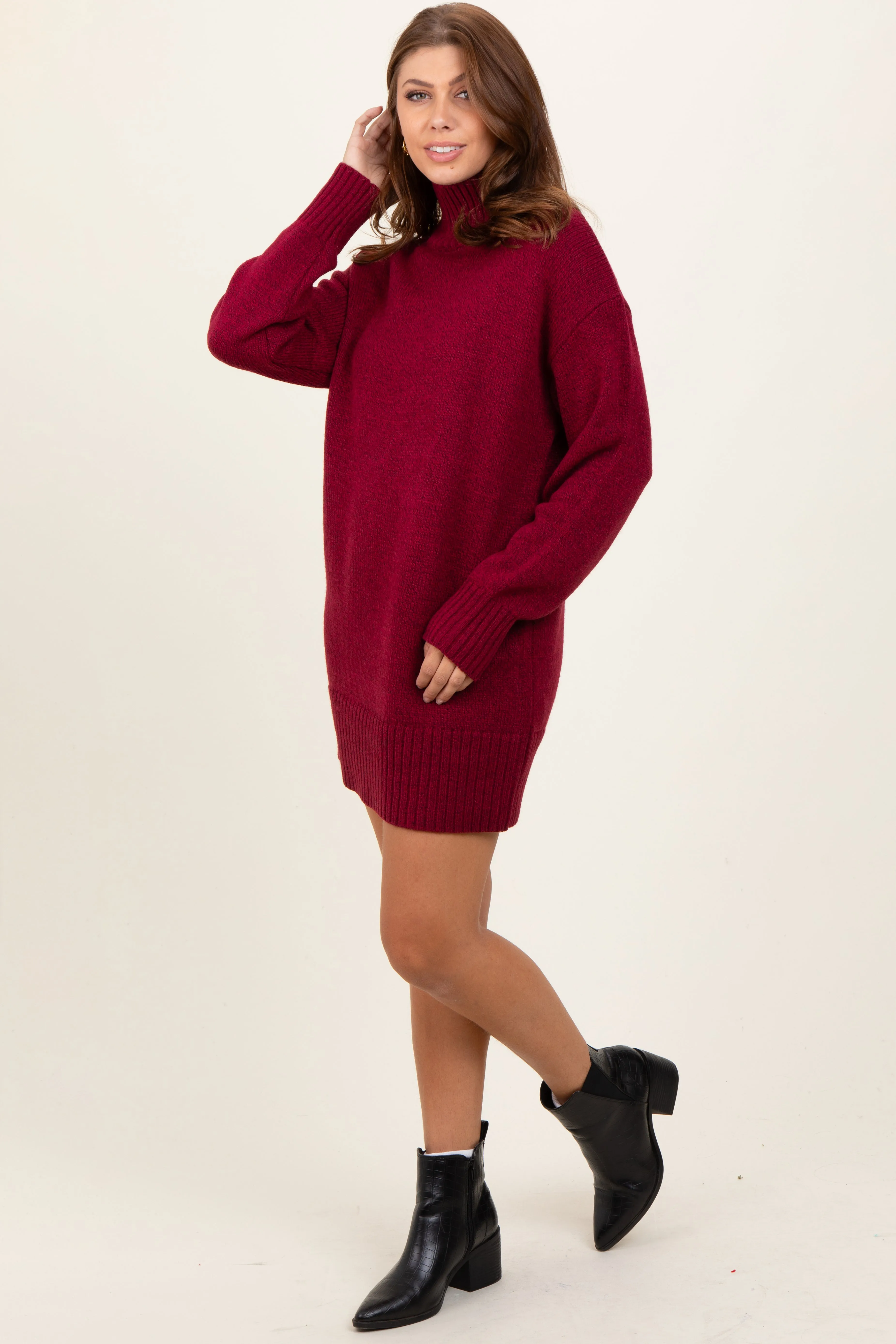 Burgundy Turtle Neck Mini Sweater Dress sold by Pinkblush product image thumbnail 3