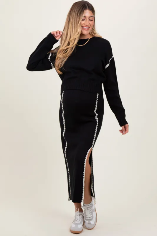 Black Contrast Stitch Knit Sweater And Maxi Skirt Maternity Set sold by Pinkblush