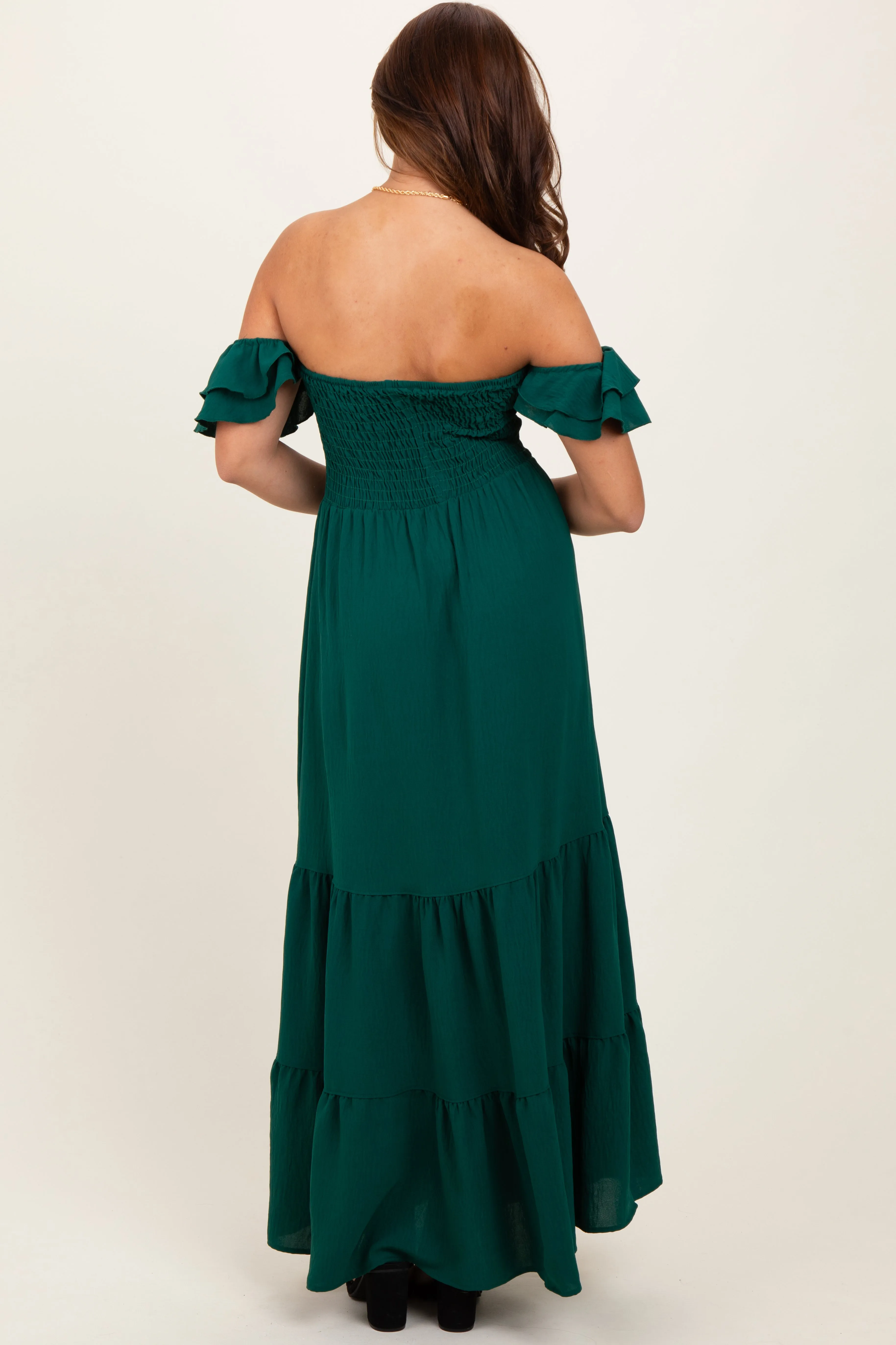 Hunter Green Smocked Ruffle Off Shoulder Tiered Maxi Dress sold by Pinkblush product image thumbnail 4