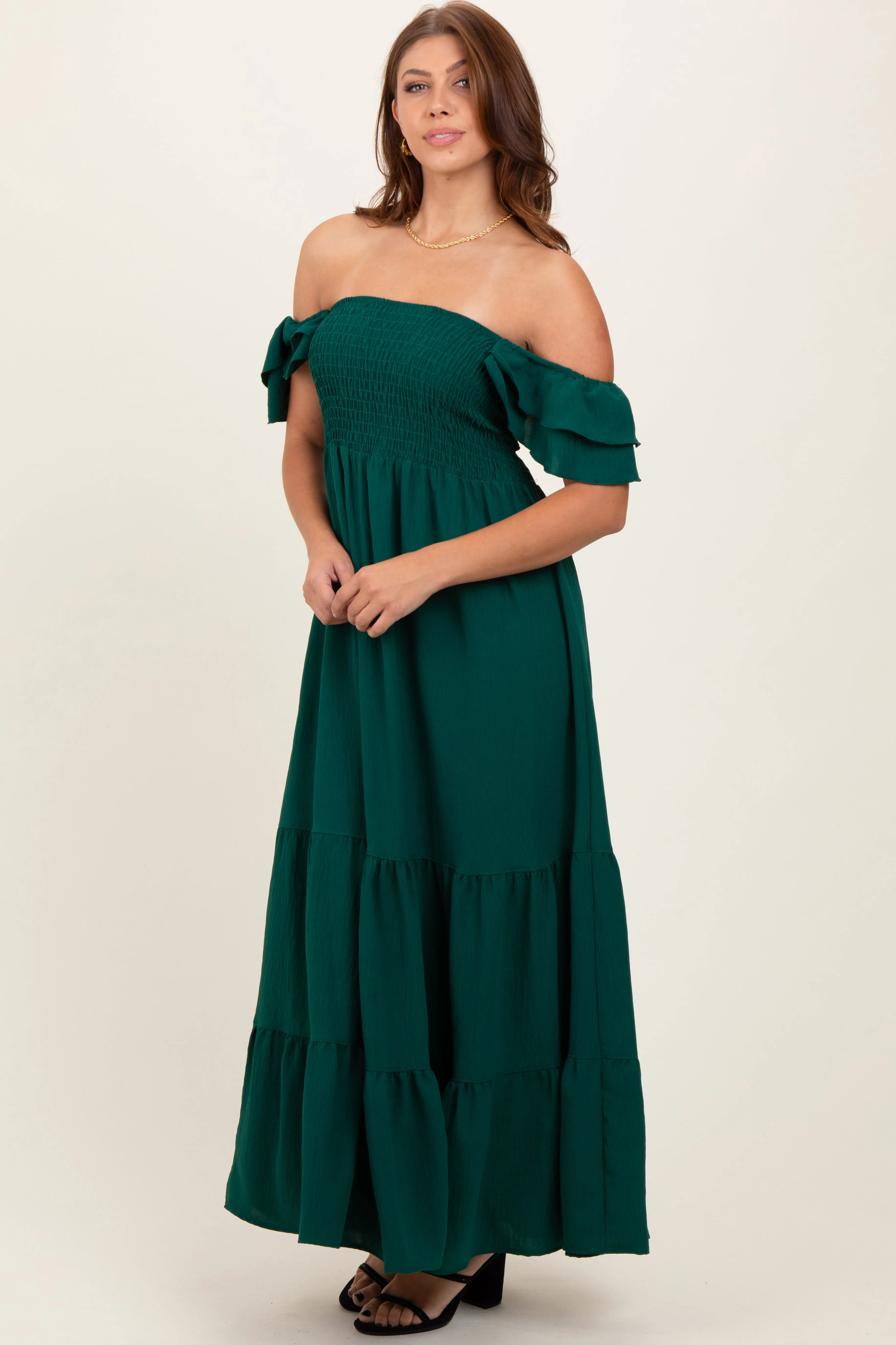 Hunter Green Smocked Ruffle Off Shoulder Tiered Maxi Dress sold by Pinkblush product image thumbnail 3