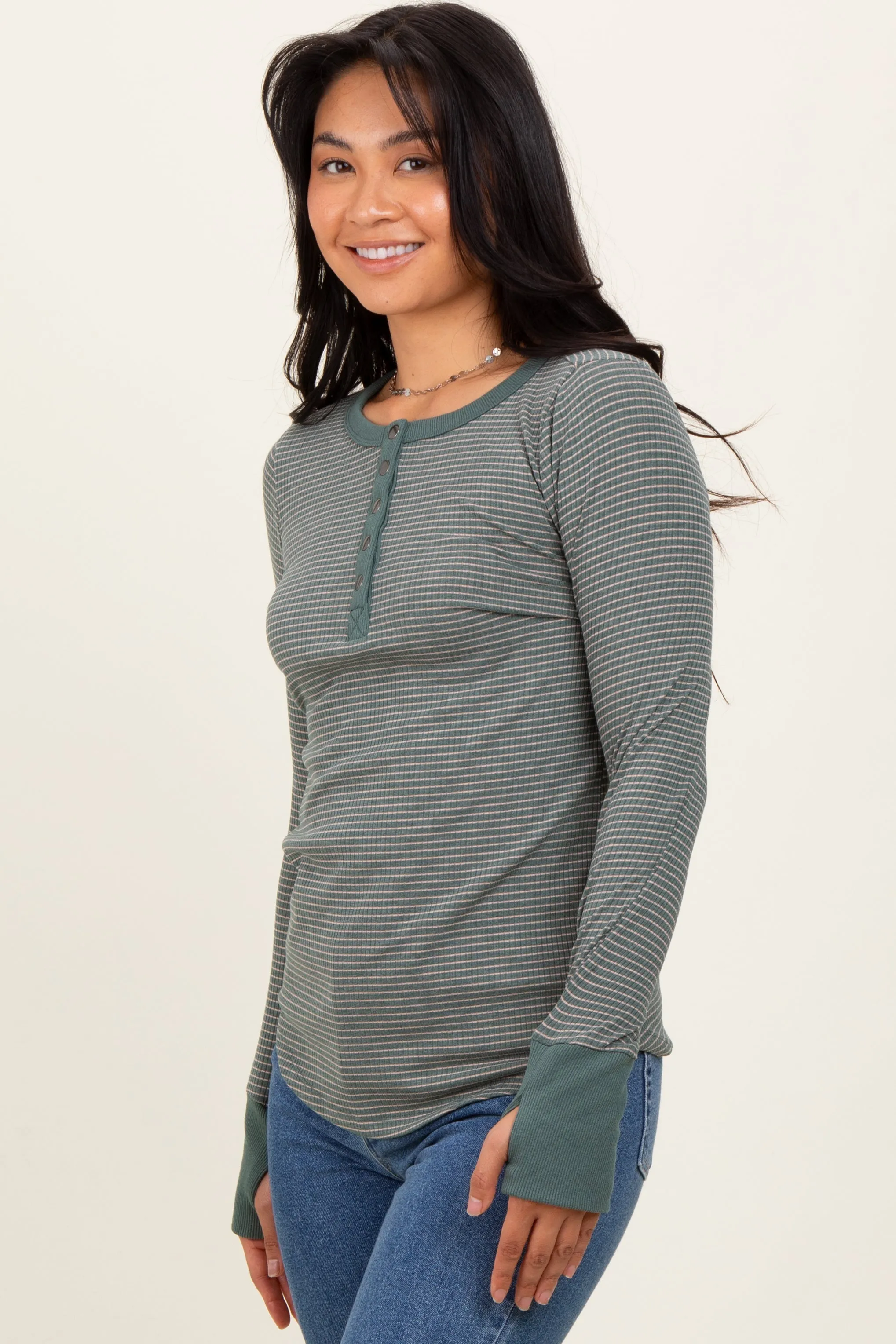 Forest Green Striped Snap Button Henley Top sold by Pinkblush product image thumbnail 2
