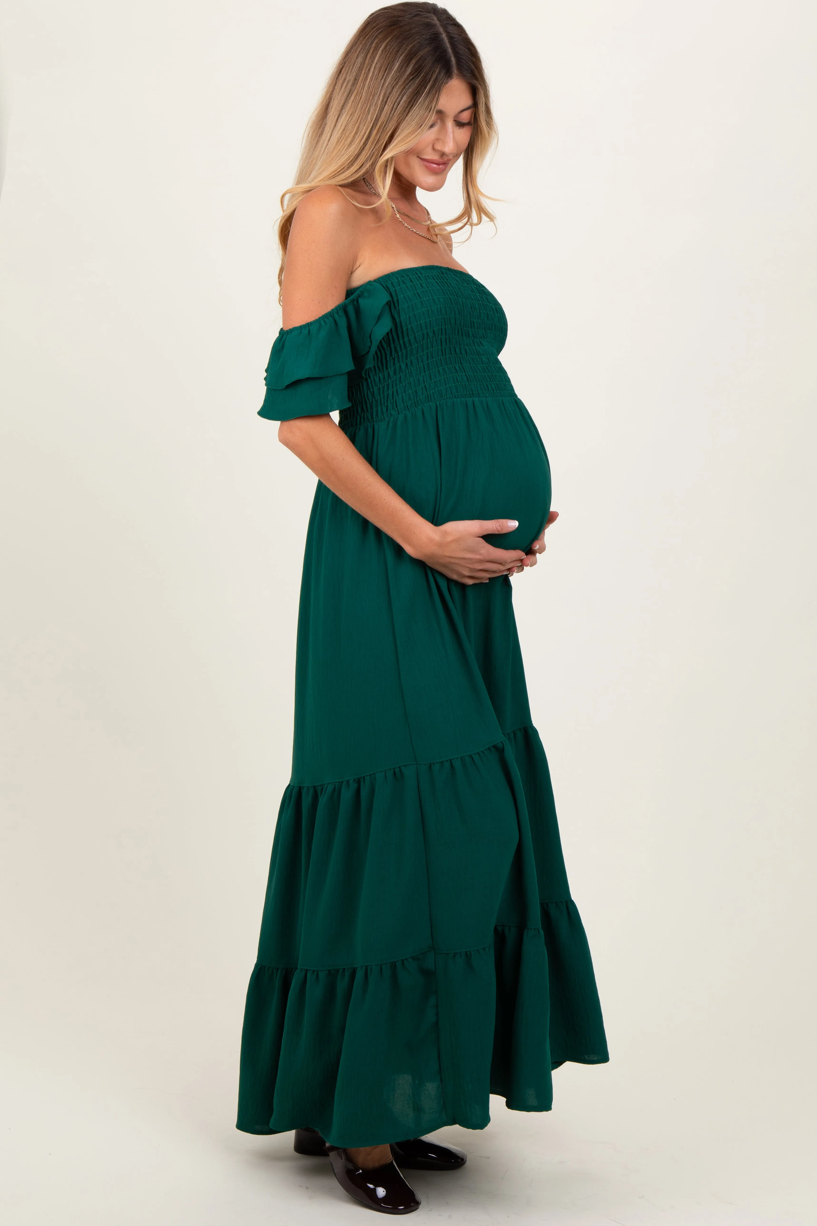 Hunter Green Smocked Ruffle Off Shoulder Tiered Maternity Maxi Dress sold by Pinkblush product image thumbnail 3