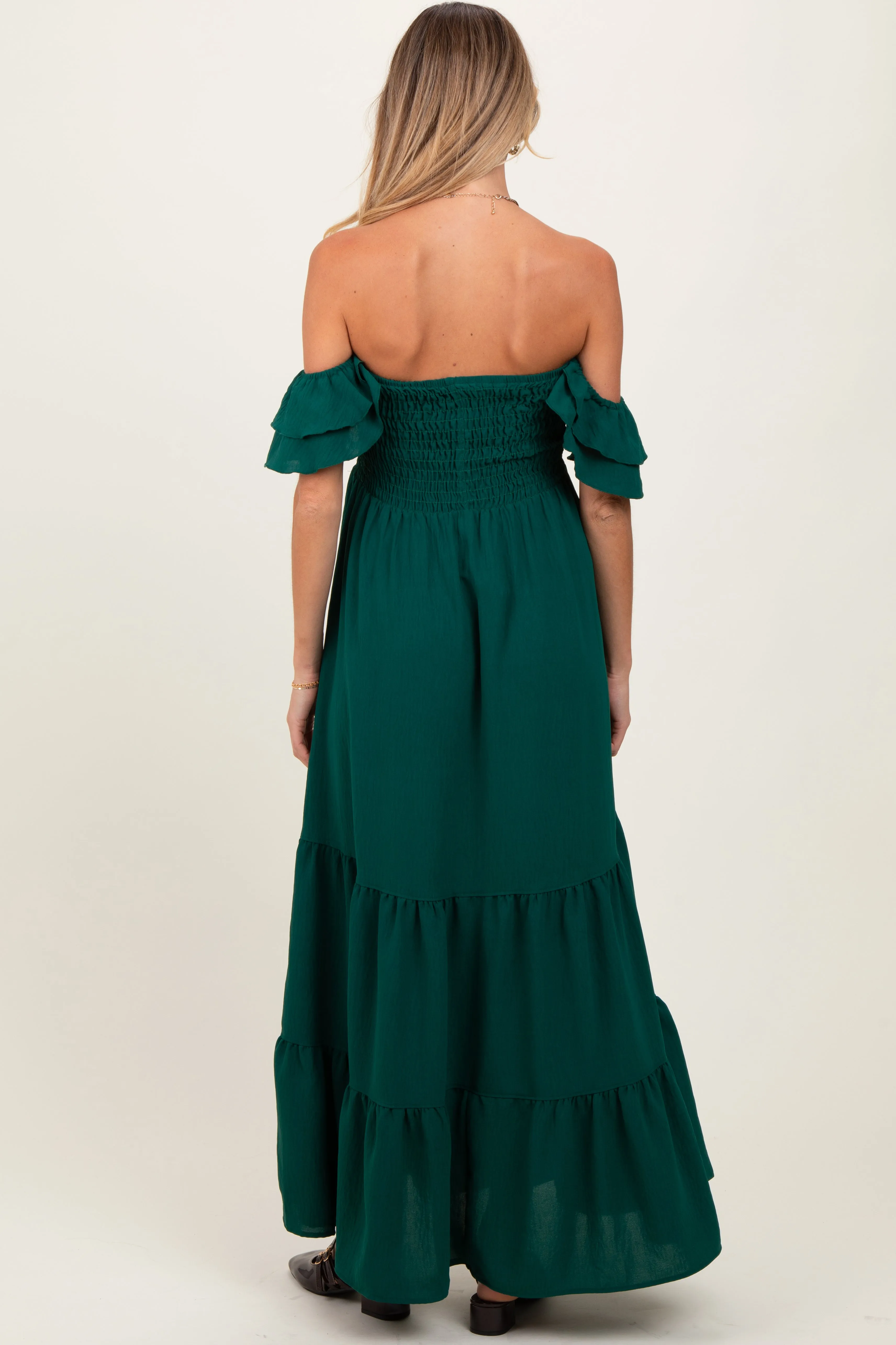 Hunter Green Smocked Ruffle Off Shoulder Tiered Maternity Maxi Dress sold by Pinkblush product image thumbnail 4