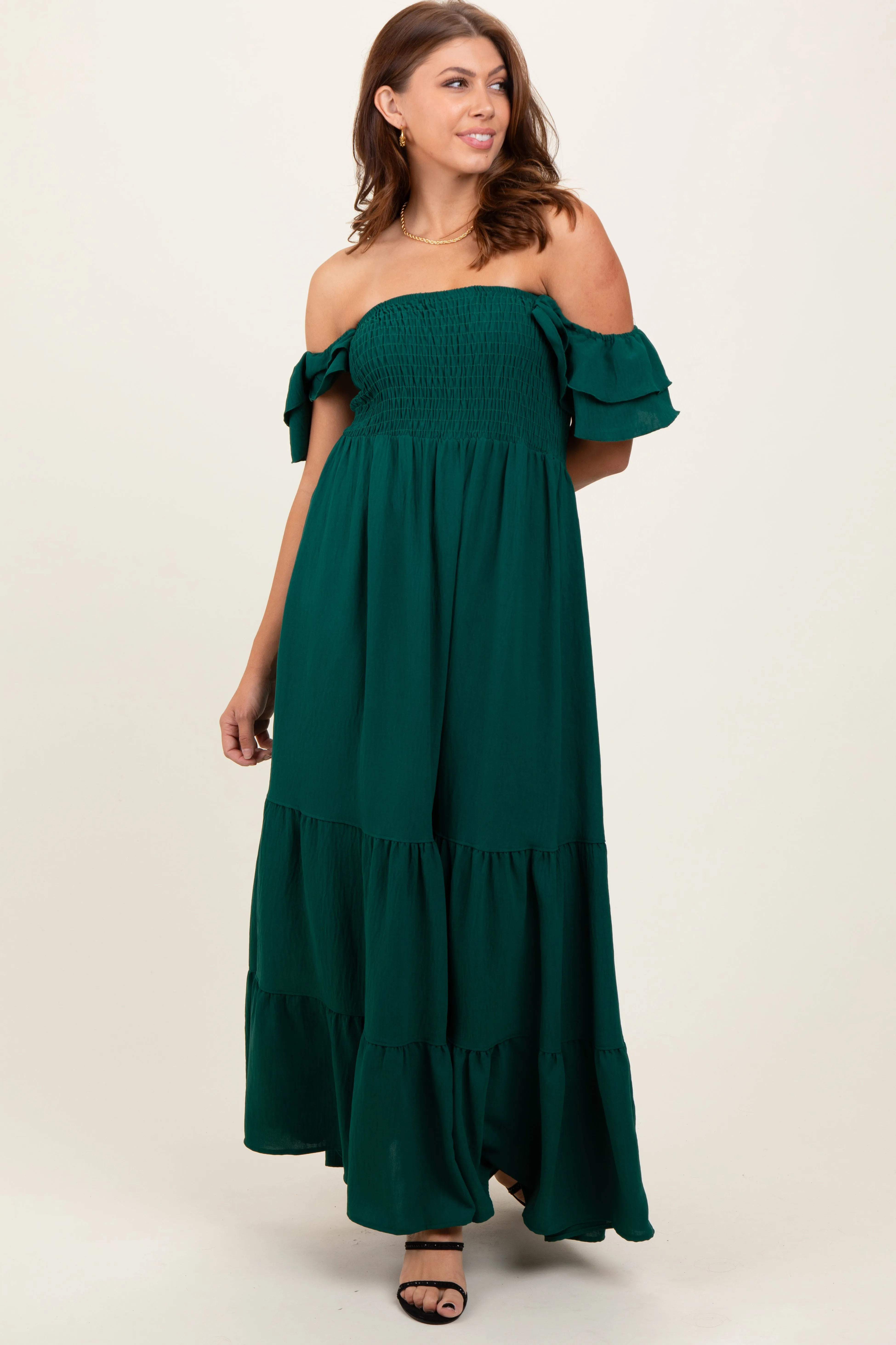 Hunter Green Smocked Ruffle Off Shoulder Tiered Maternity Maxi Dress sold by Pinkblush product image thumbnail 5
