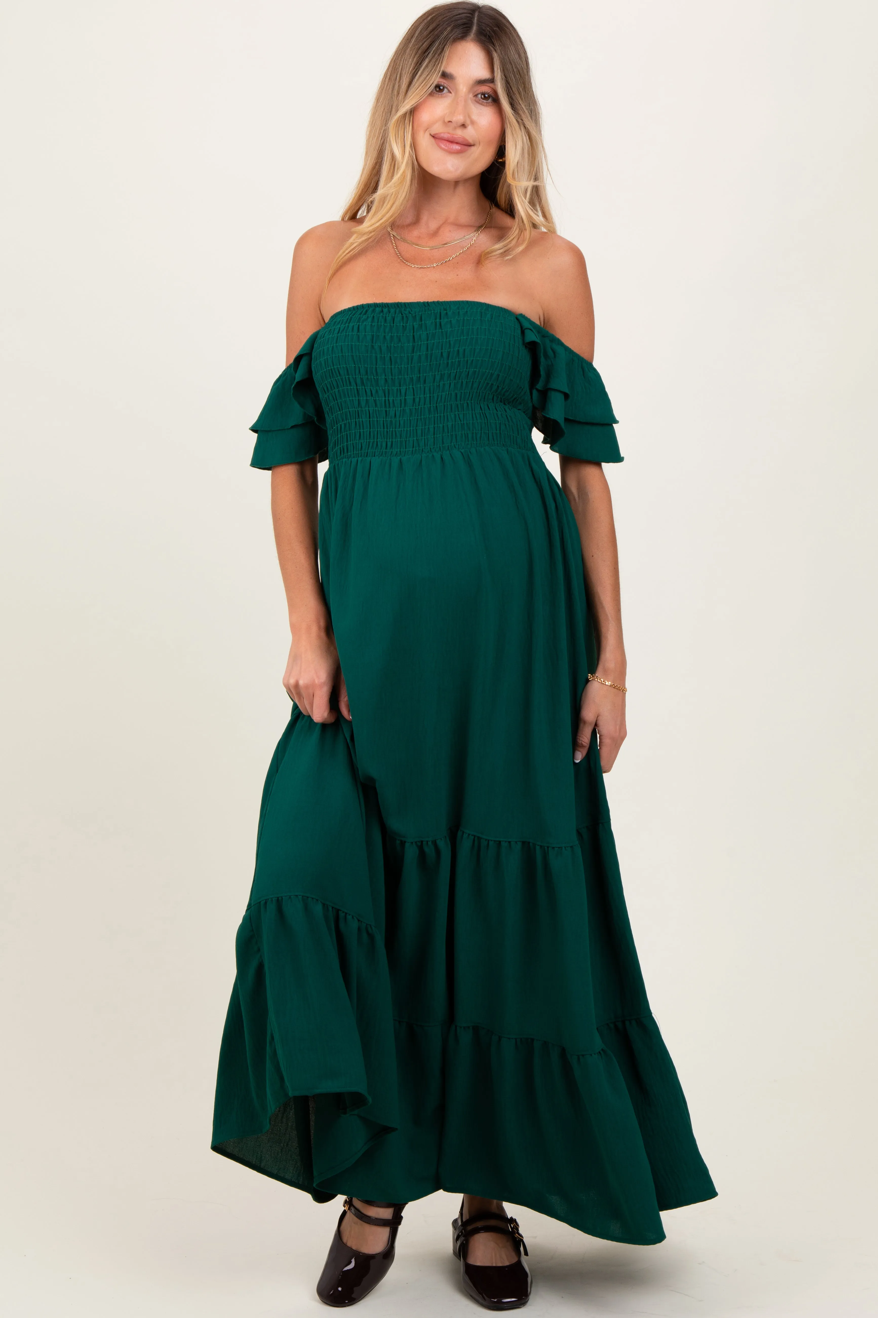 Hunter Green Smocked Ruffle Off Shoulder Tiered Maternity Maxi Dress sold by Pinkblush product image thumbnail 2
