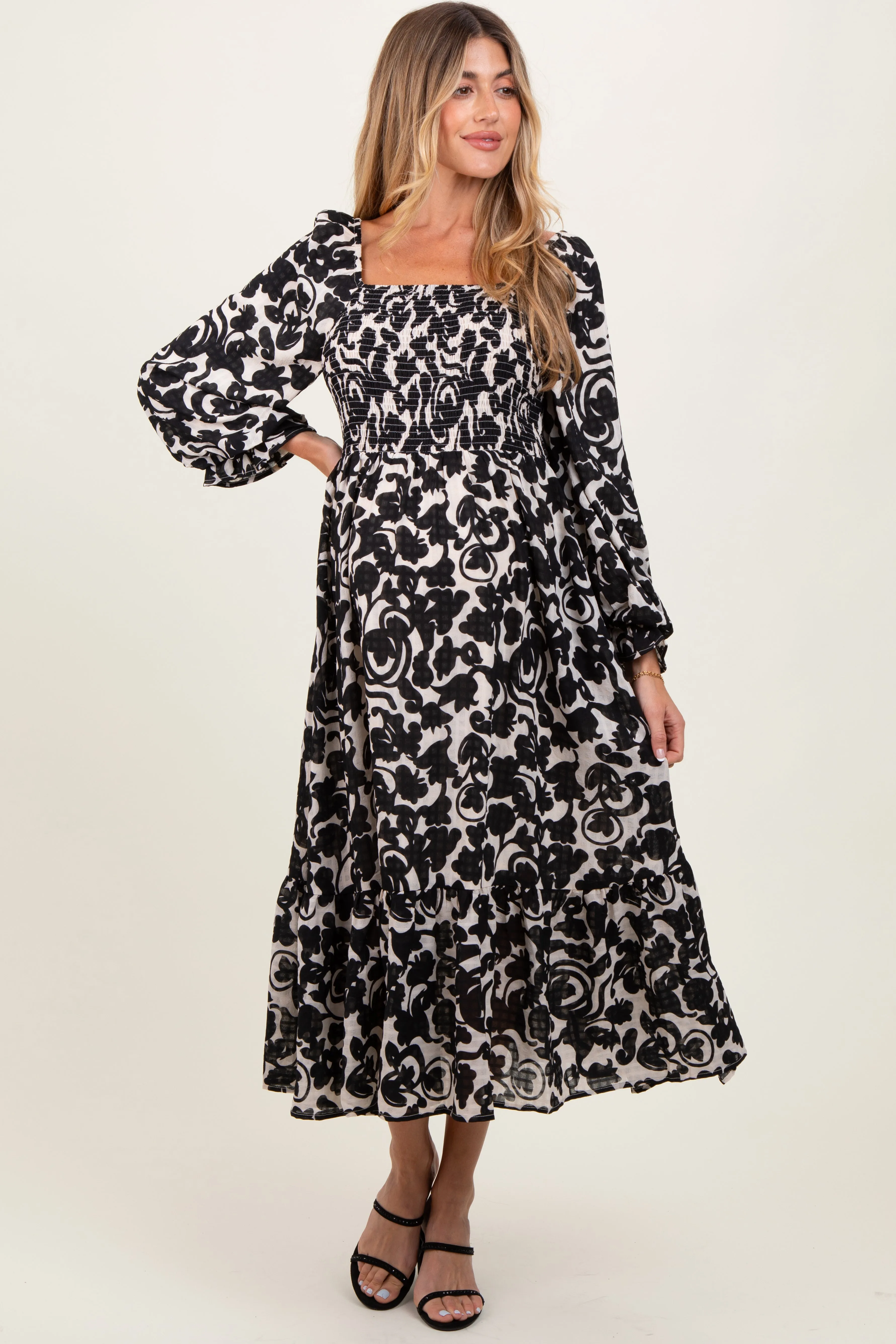 Black Floral Damask Print Smocked Maternity Midi Dress sold by Pinkblush product image thumbnail 2