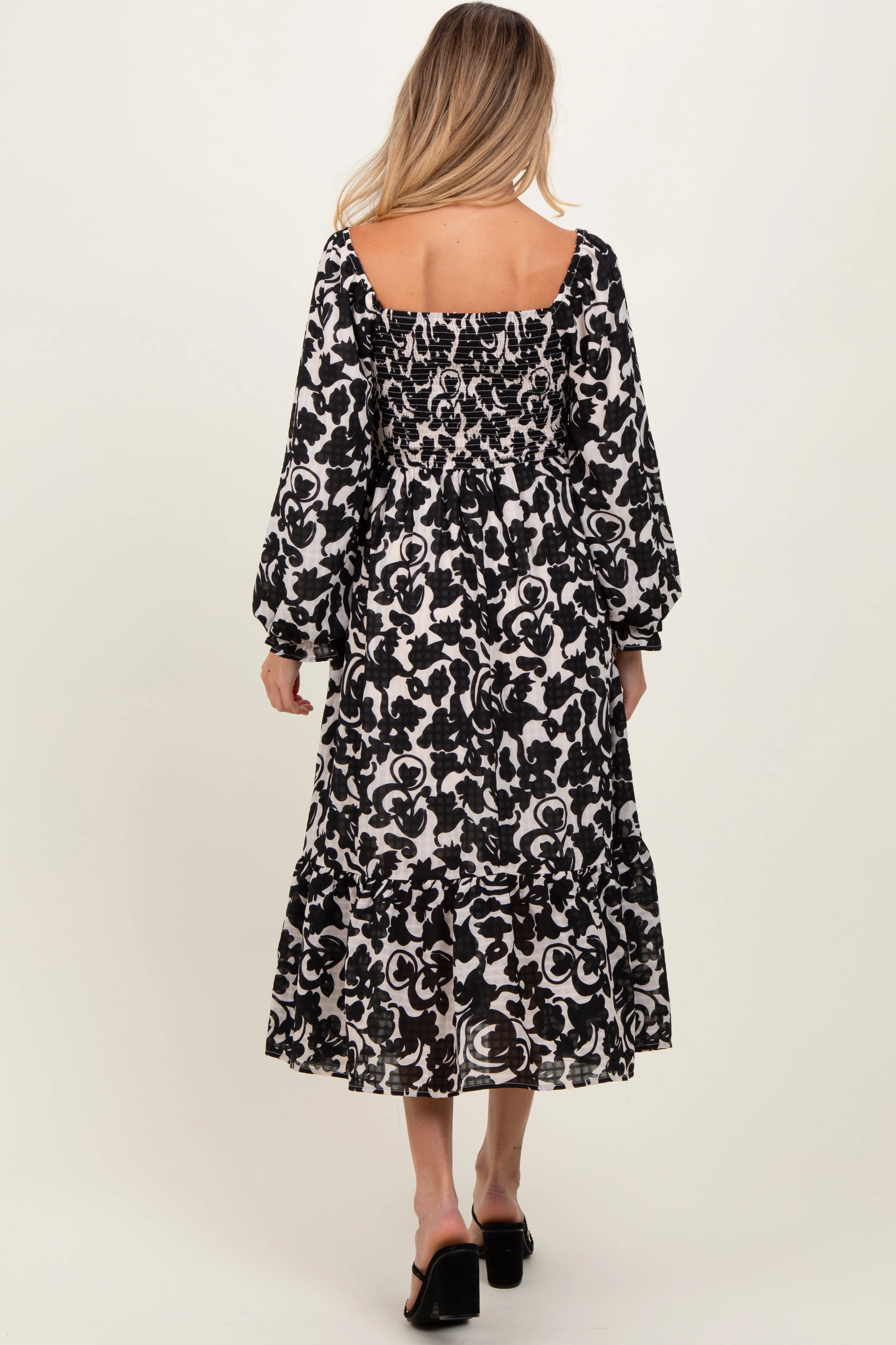 Black Floral Damask Print Smocked Maternity Midi Dress sold by Pinkblush product image thumbnail 3