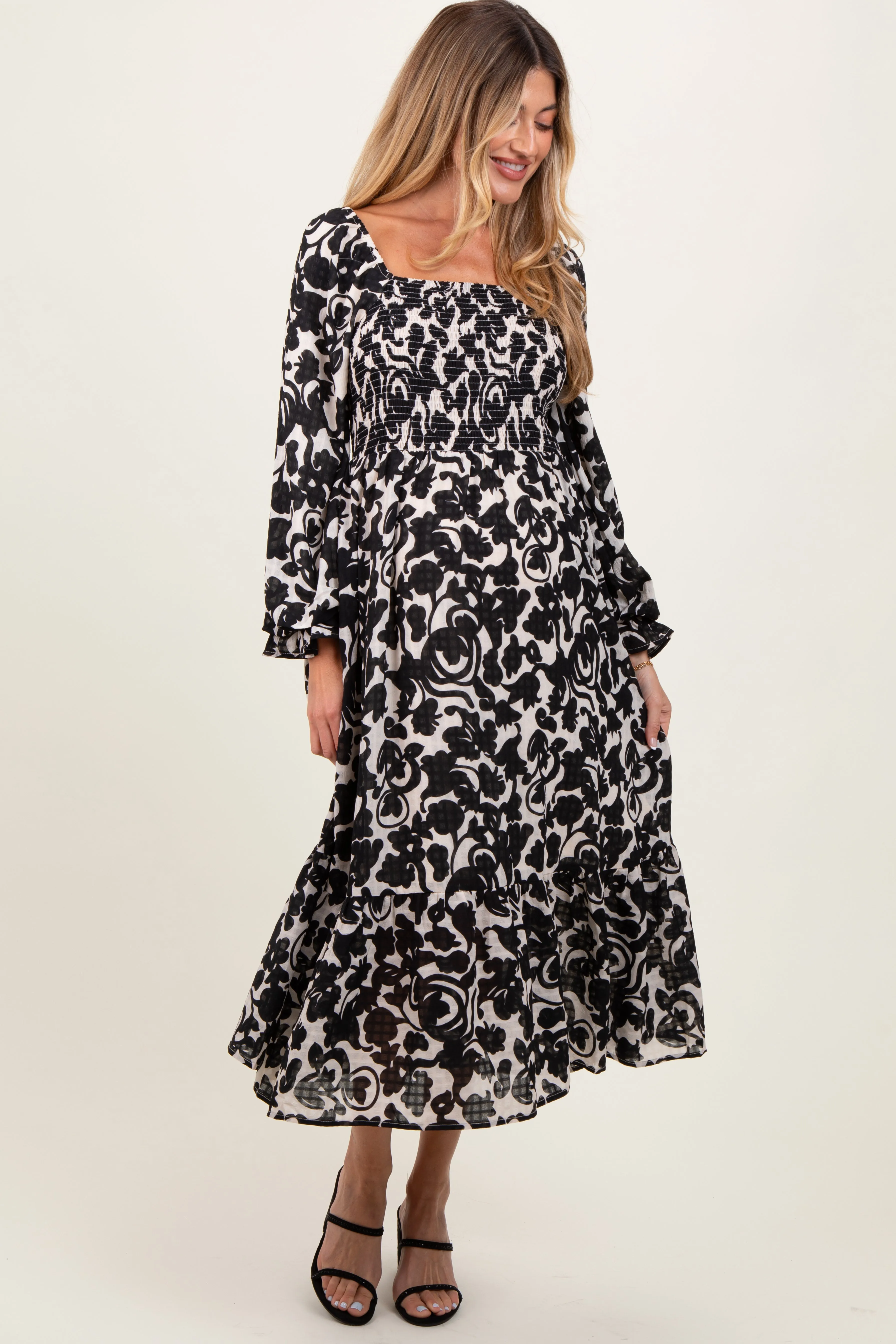 Black Floral Damask Print Smocked Maternity Midi Dress sold by Pinkblush