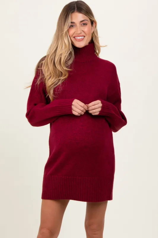 Burgundy Turtle Neck Maternity Mini Sweater Dress sold by Pinkblush