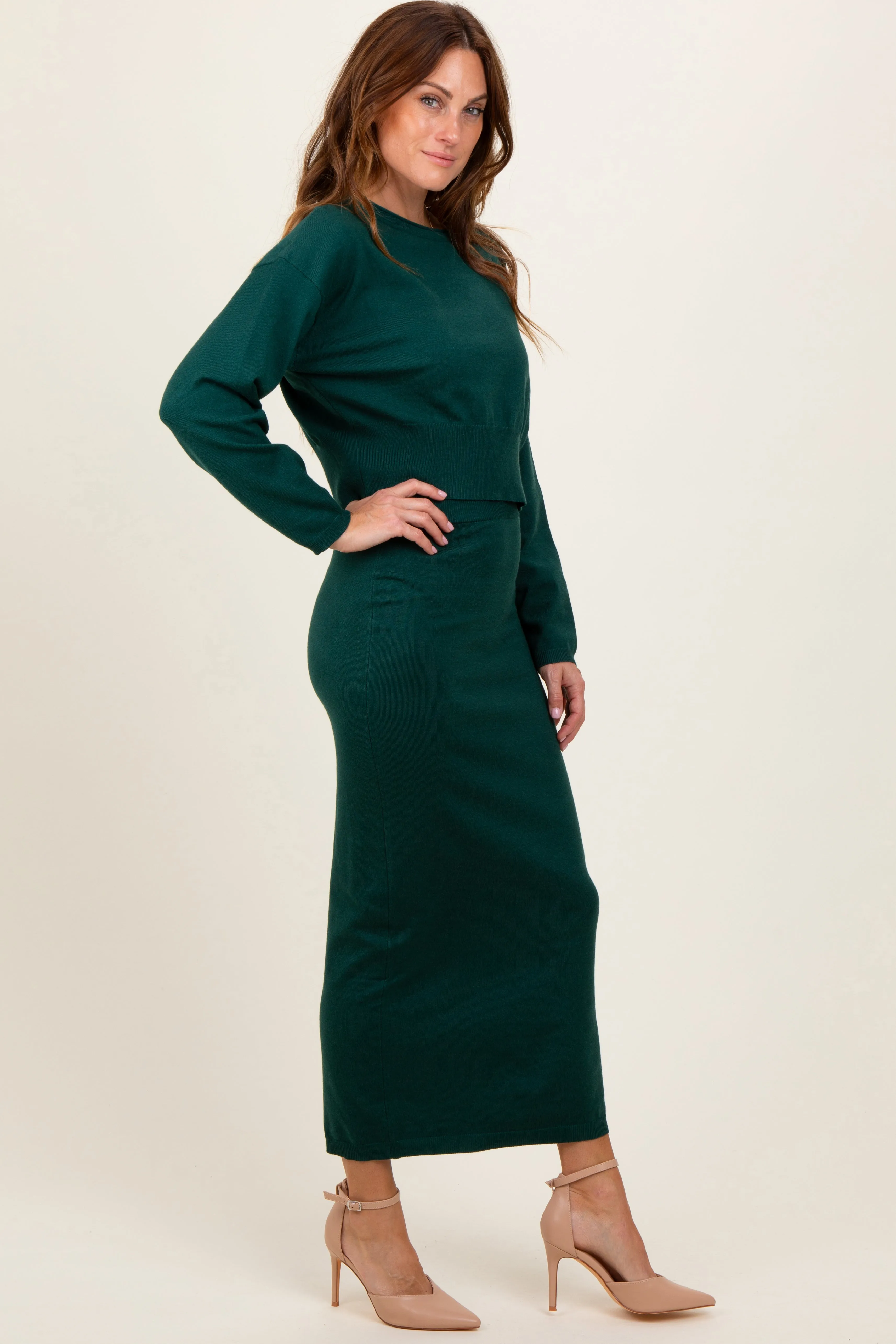 Forest Green Knit Midi Skirt Sweater Set sold by Pinkblush product image thumbnail 3