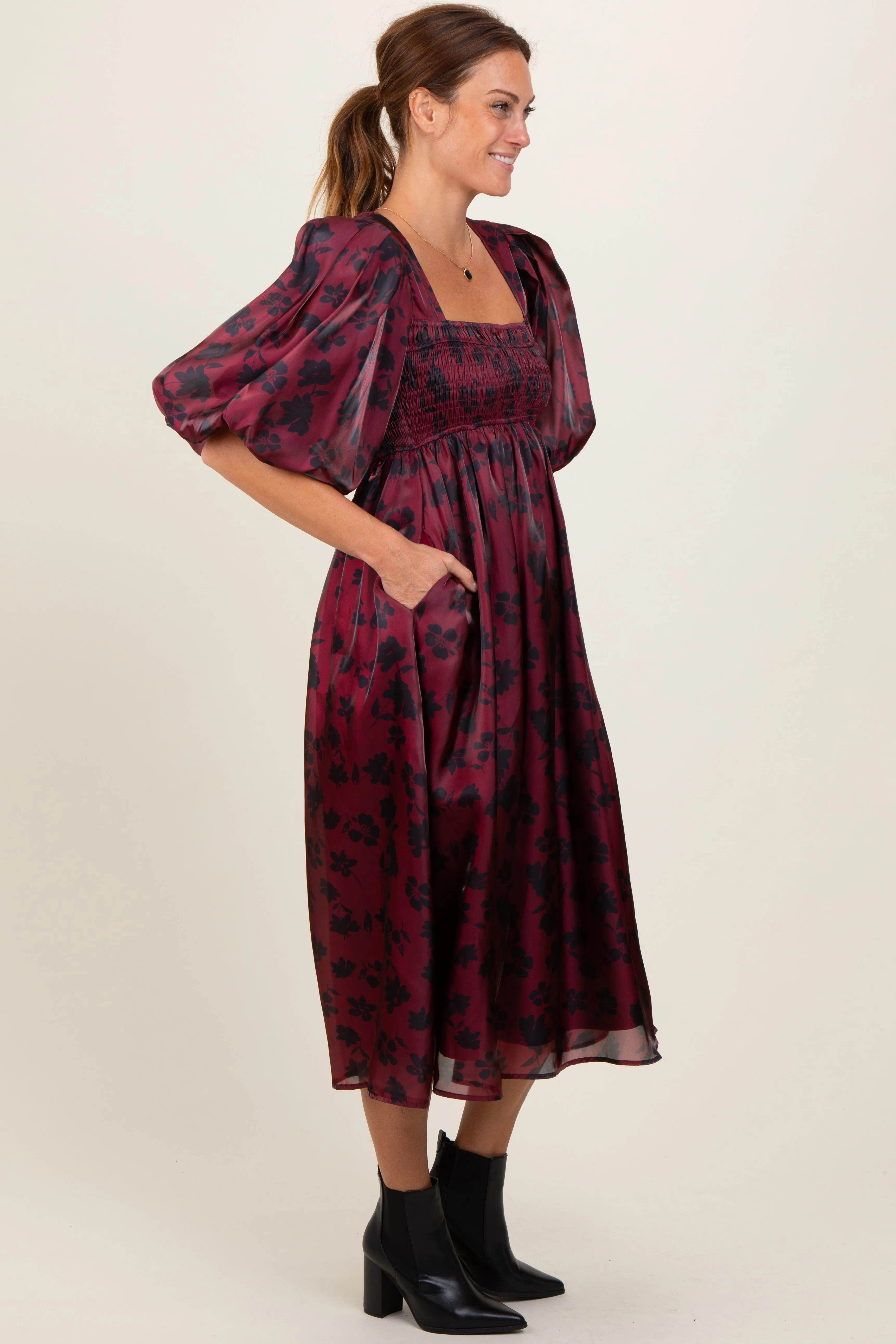 Burgundy Satin Floral Smocked Midi Dress sold by Pinkblush product image thumbnail 2