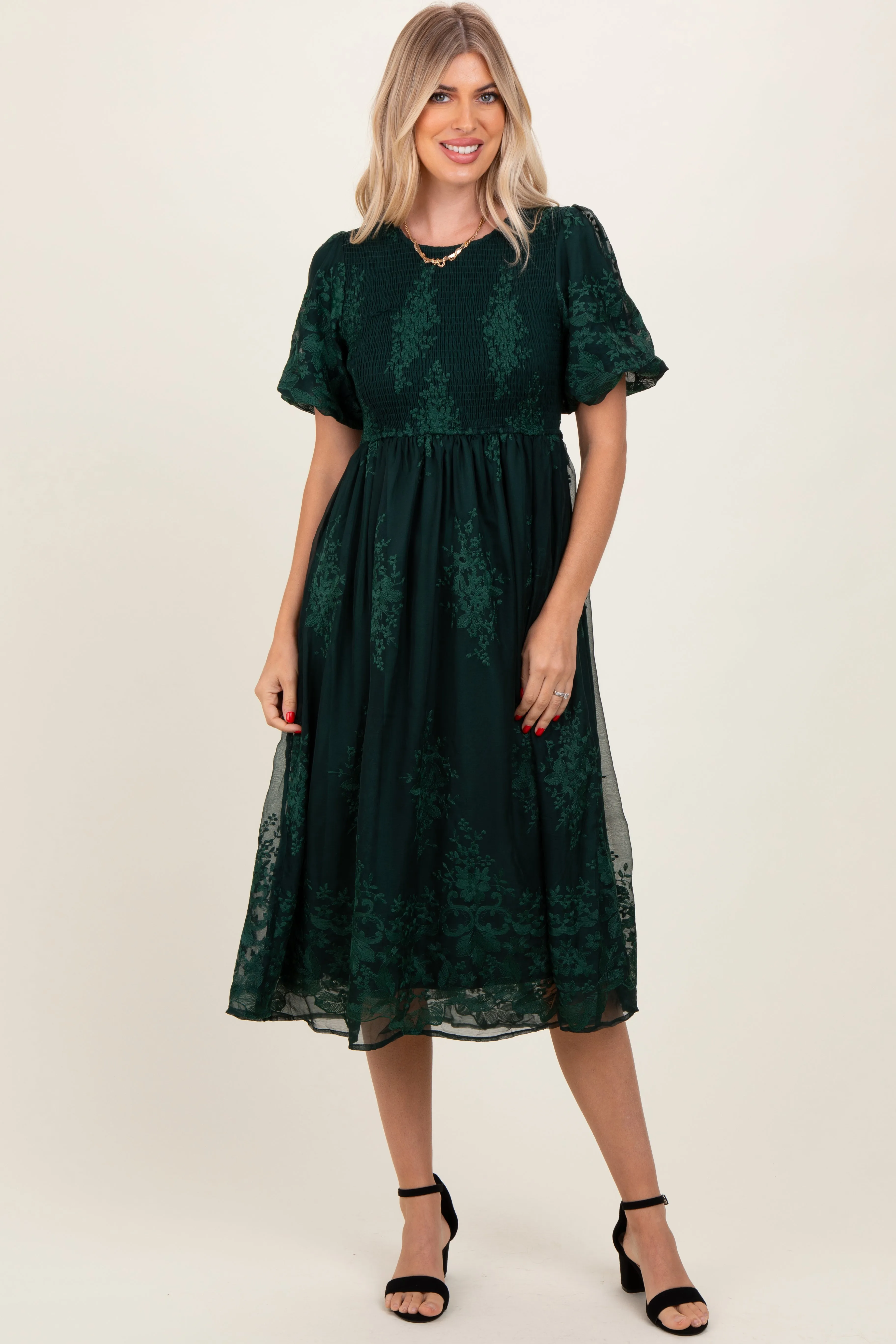 Forest Green Floral Lace Smocked Midi Dress sold by Pinkblush product image thumbnail 4