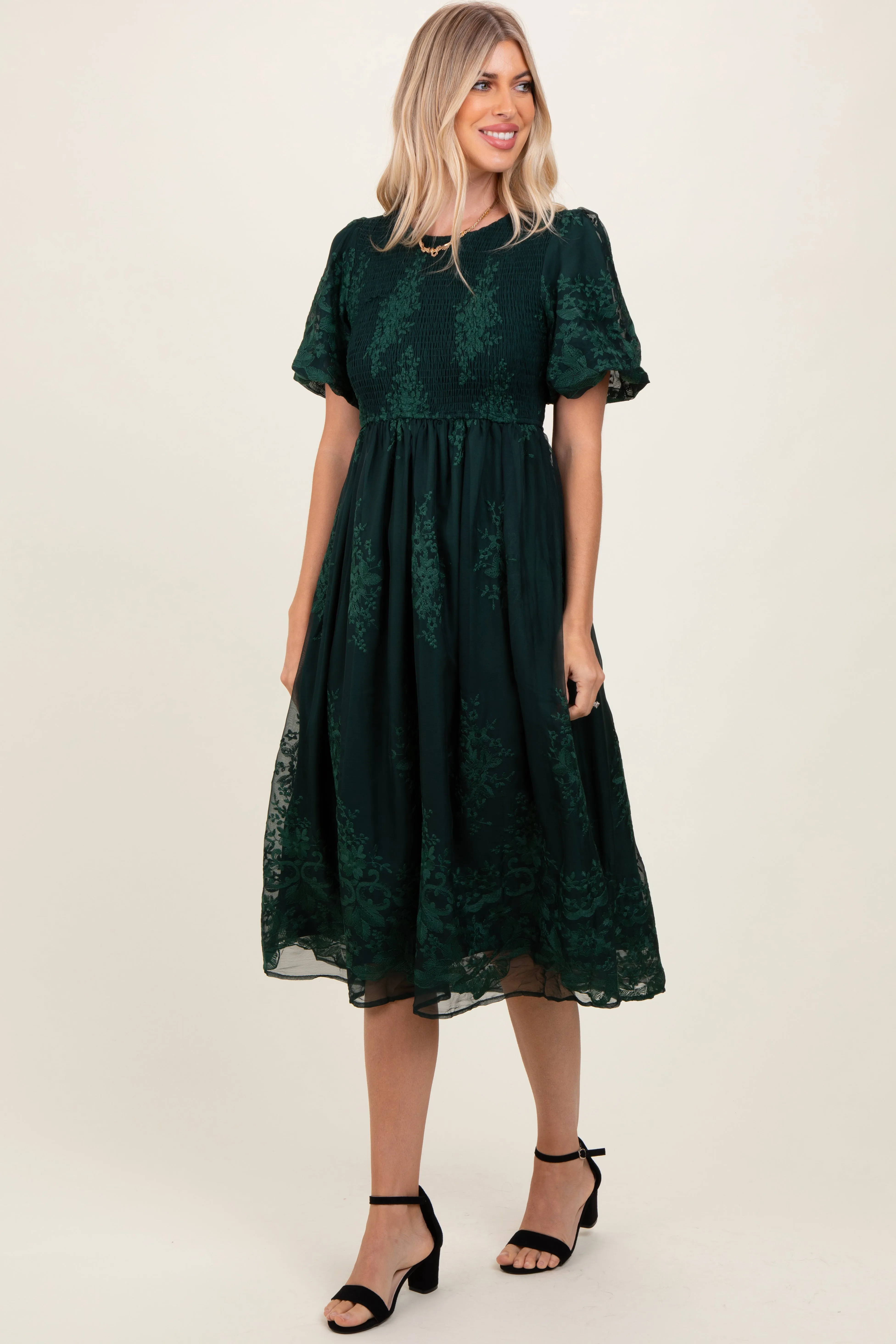 Forest Green Floral Lace Smocked Midi Dress sold by Pinkblush