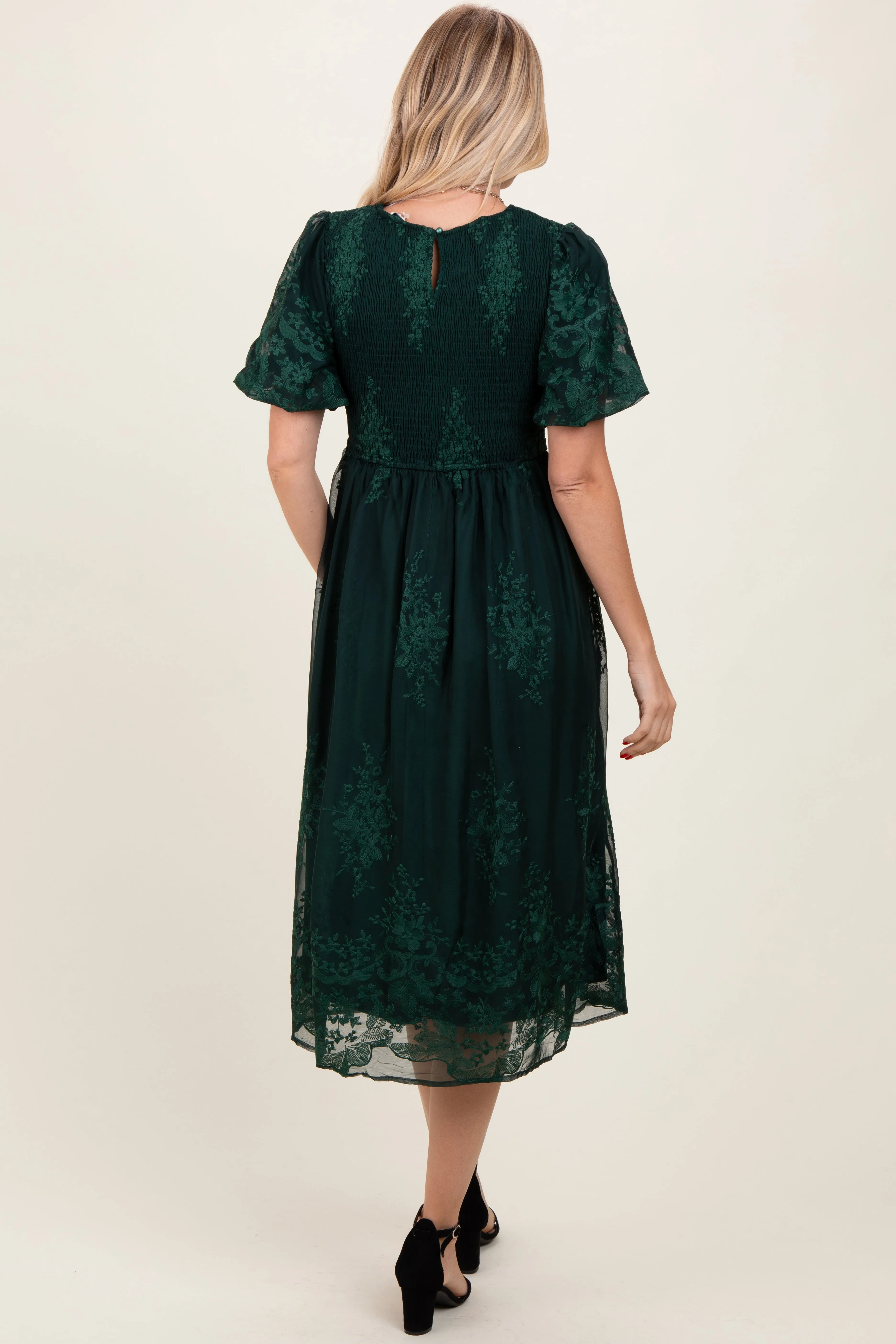 Forest Green Floral Lace Smocked Midi Dress sold by Pinkblush product image thumbnail 2