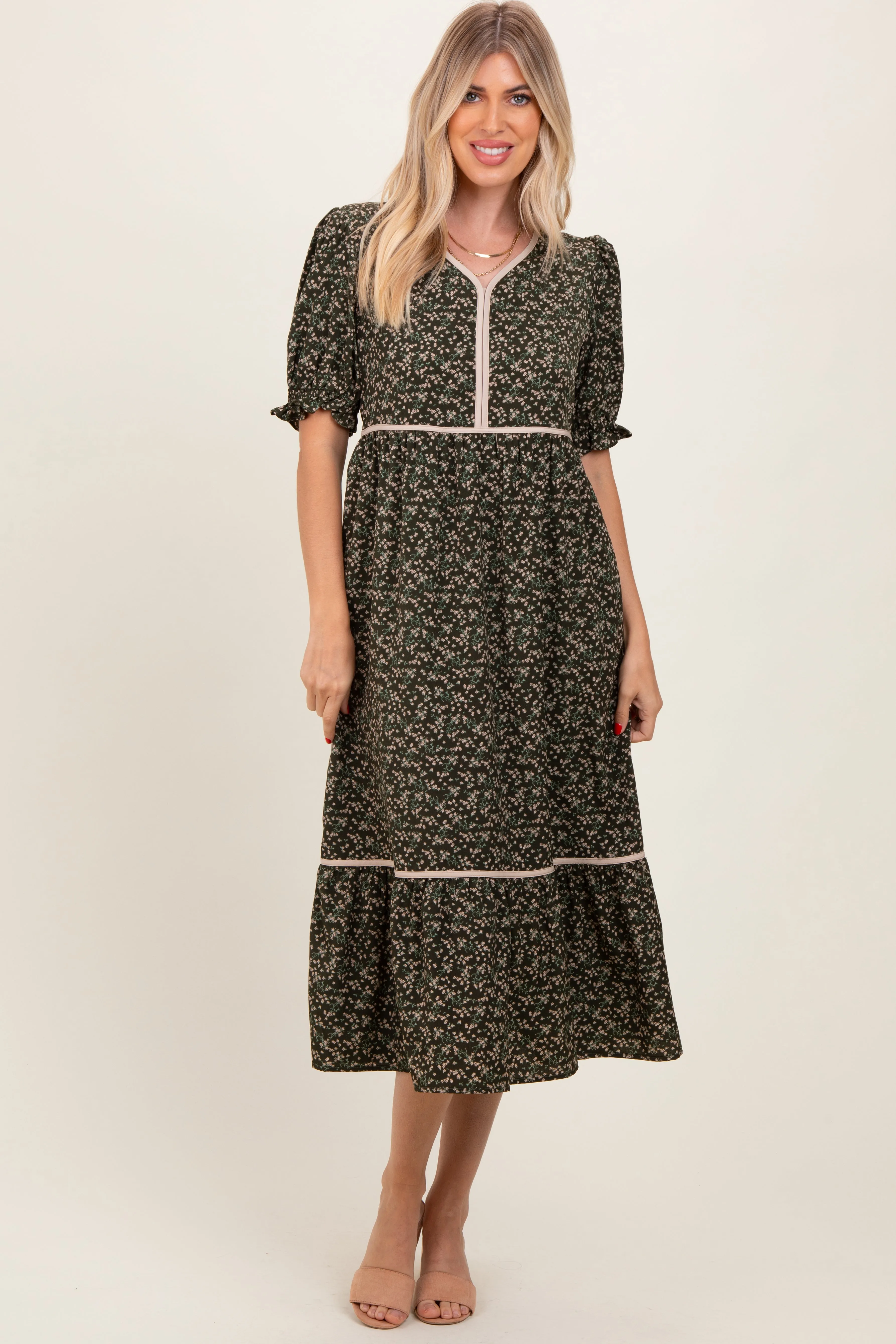 Olive Floral Puff Sleeve Ruffle Hem Midi Dress sold by Pinkblush