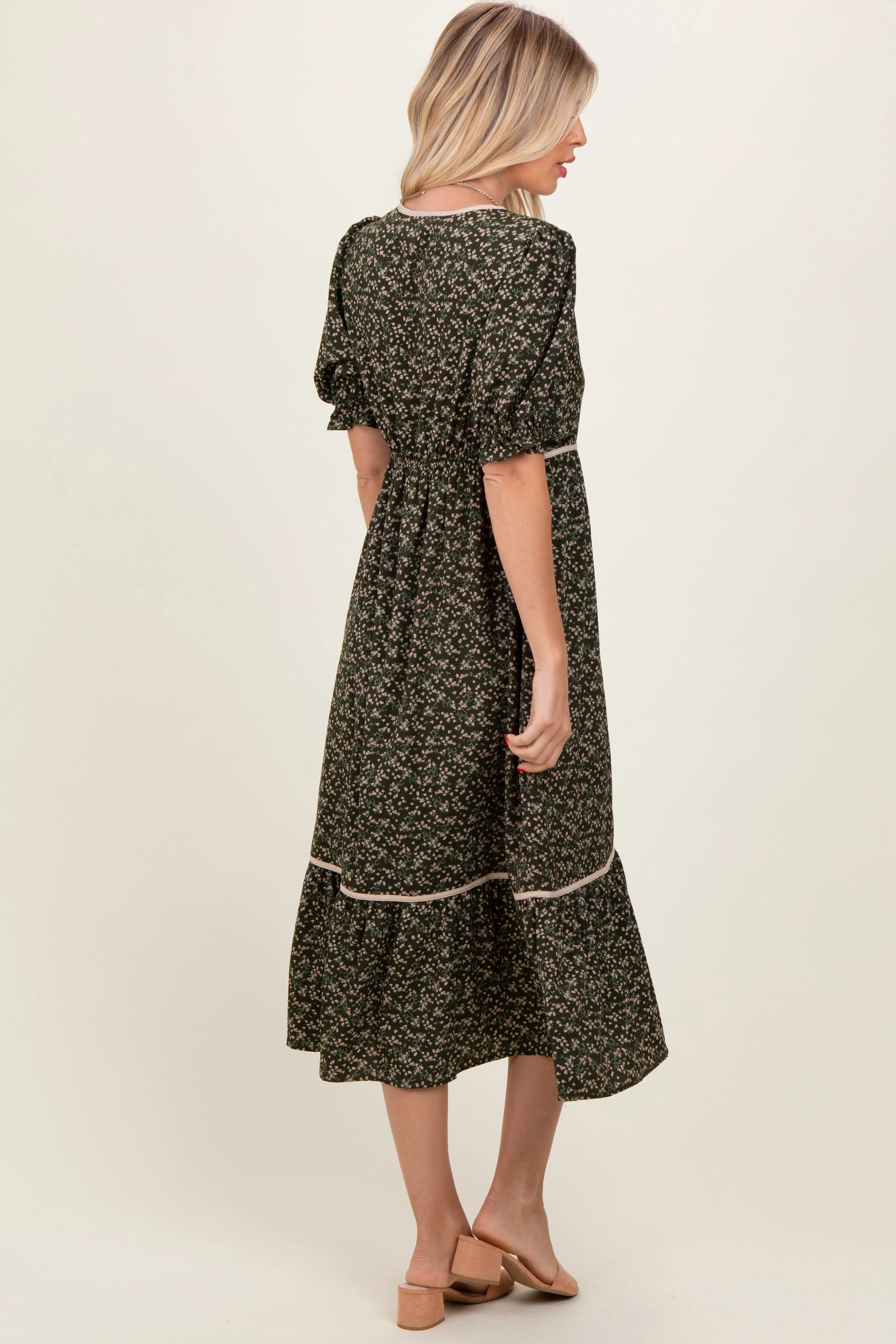 Olive Floral Puff Sleeve Ruffle Hem Midi Dress sold by Pinkblush product image thumbnail 3