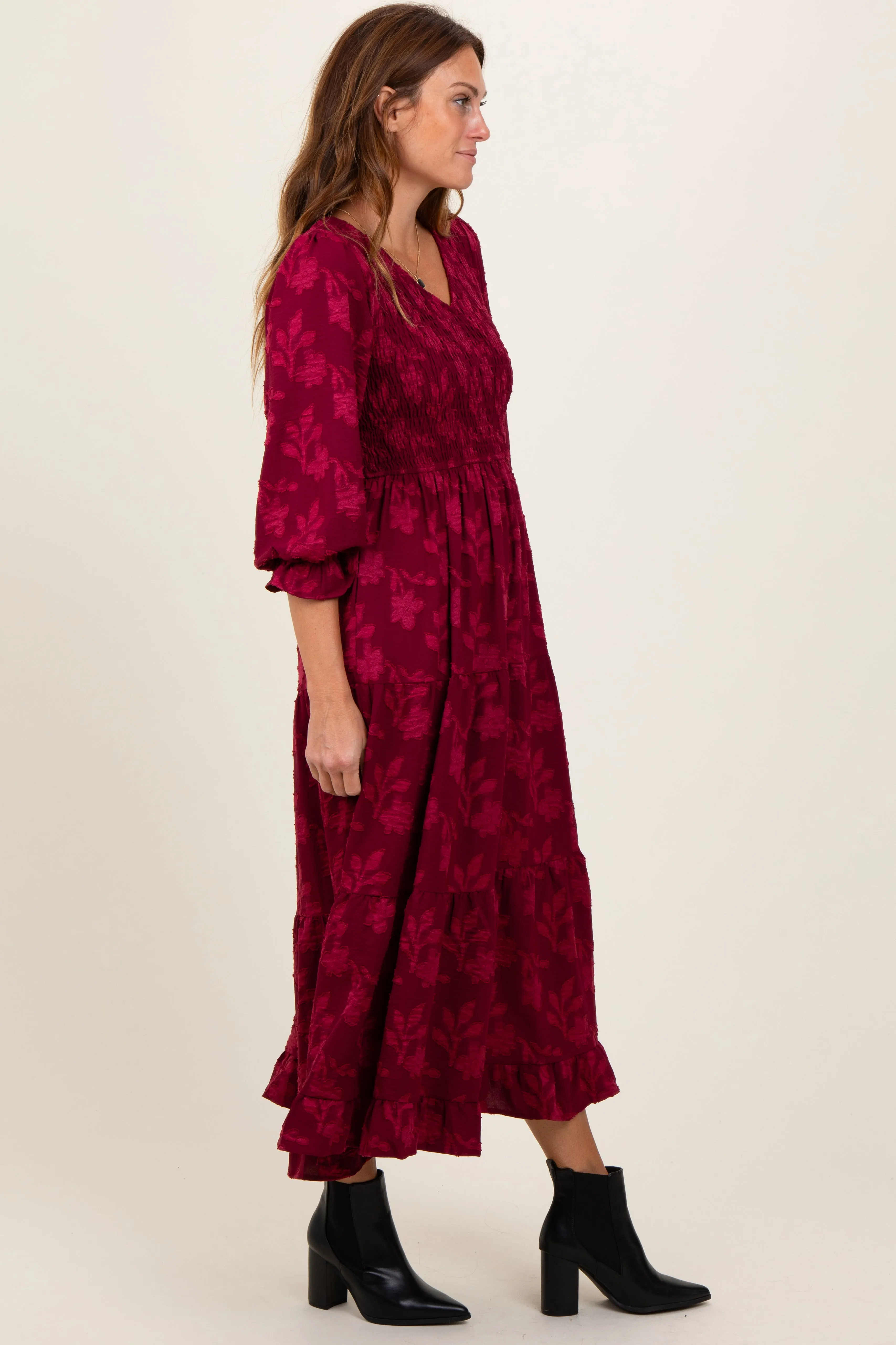 Burgundy Floral Smocked V-Neck Maxi Dress sold by Pinkblush product image thumbnail 3