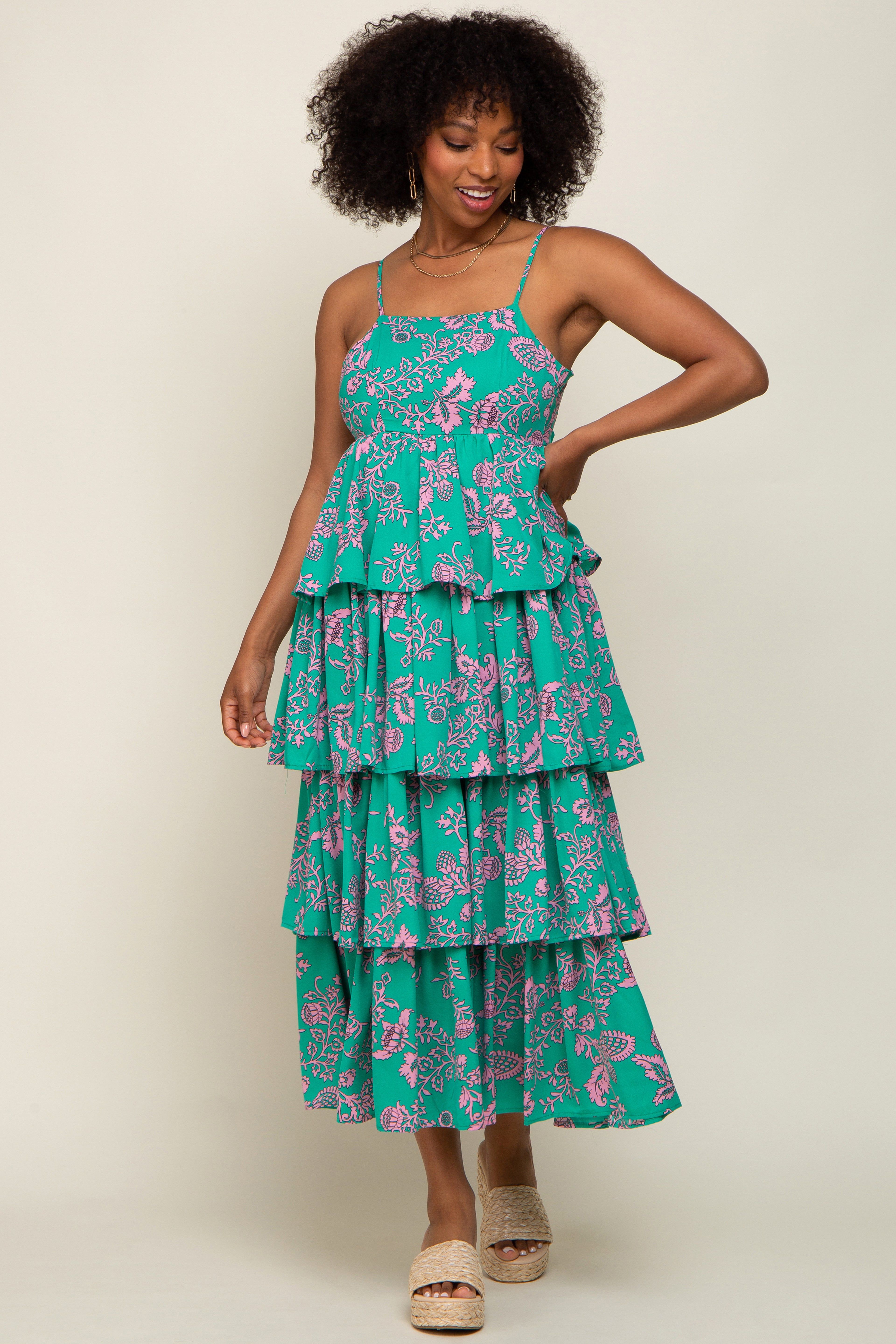 Green Floral Ruffle Tiered Maternity Maxi Dress sold by Pinkblush product image thumbnail 4