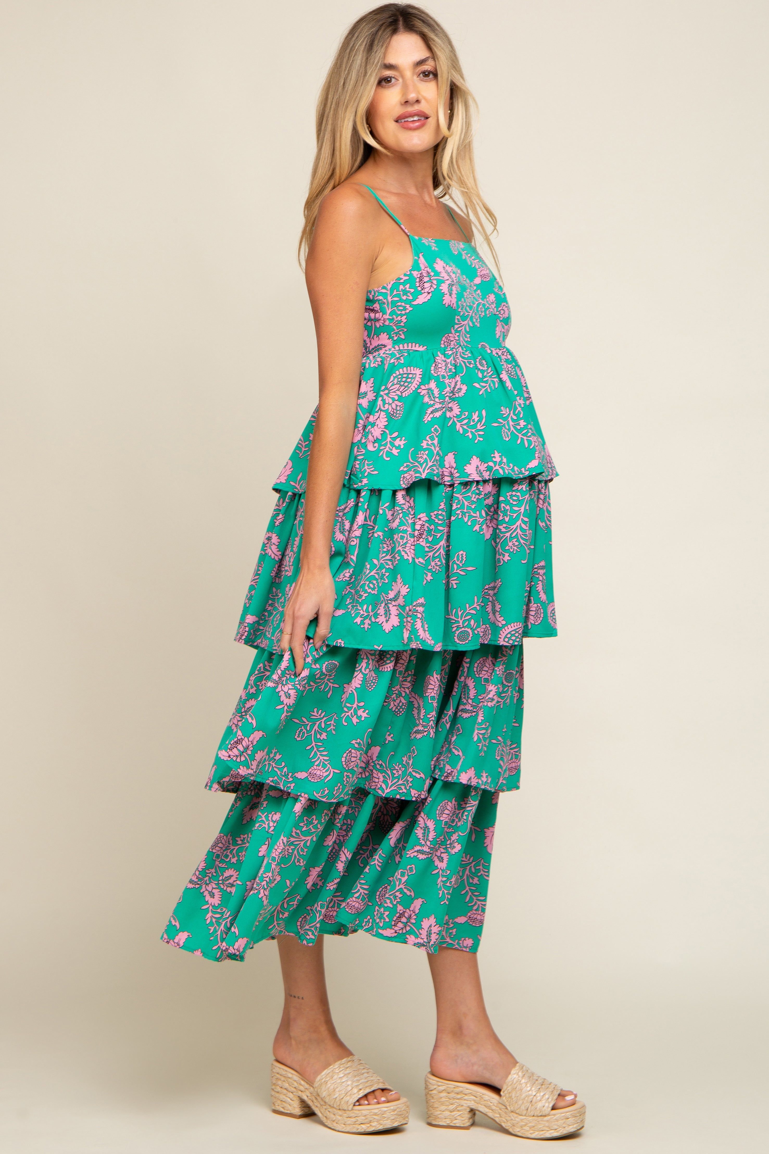 Green Floral Ruffle Tiered Maternity Maxi Dress sold by Pinkblush