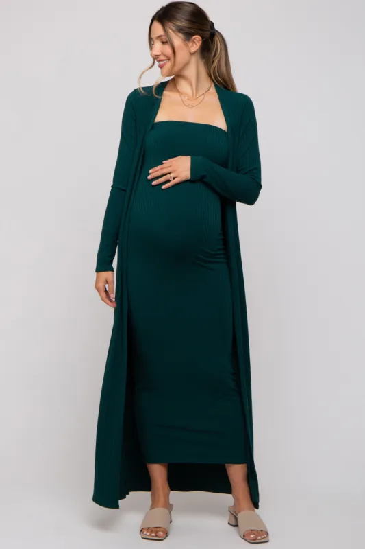Forest Green Ribbed Sleeveless Dress Cardigan Maternity Set sold by Pinkblush