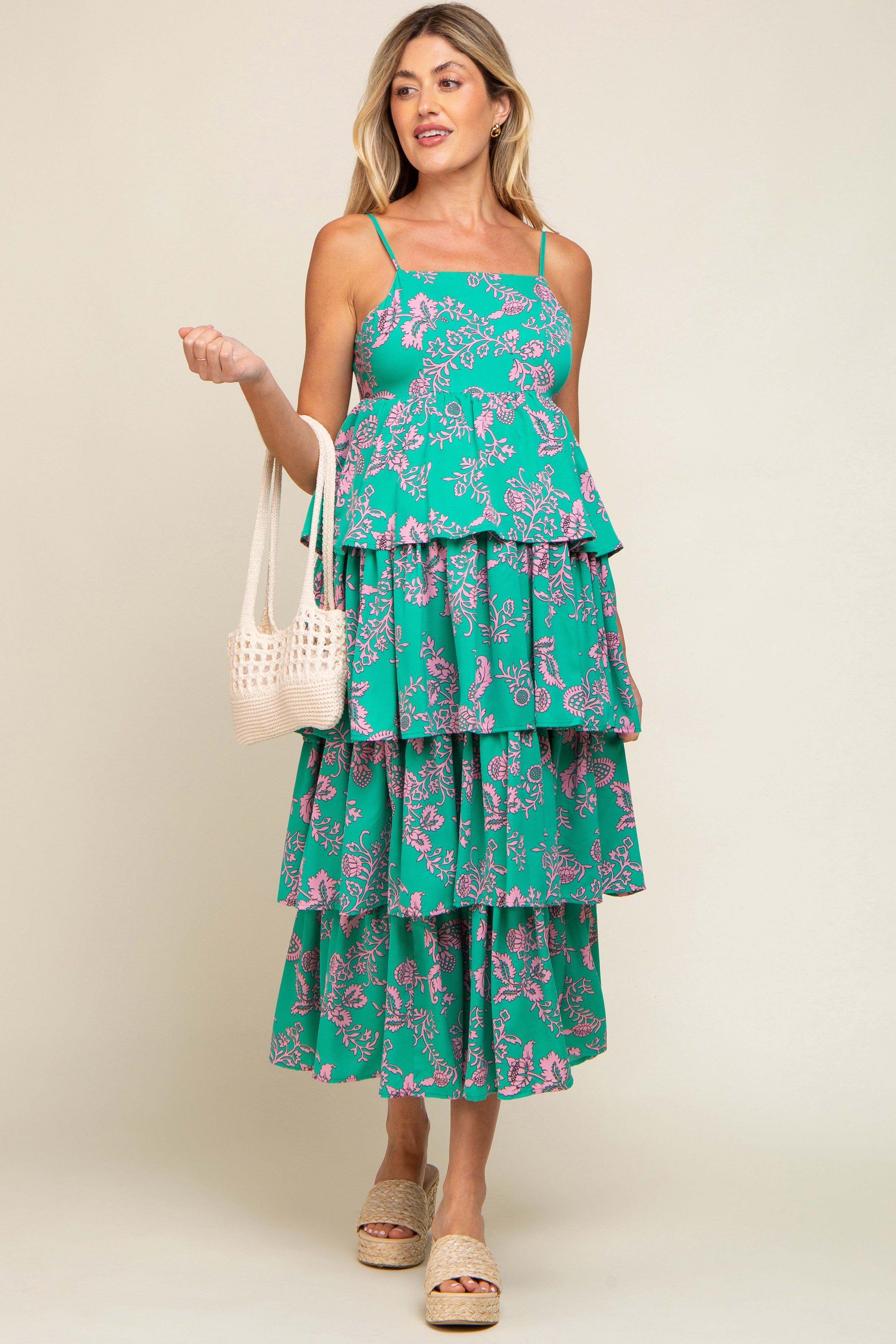 Green Floral Ruffle Tiered Maternity Maxi Dress sold by Pinkblush product image thumbnail 2