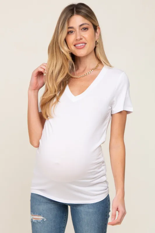 White Basic V-Neck Maternity Tee sold by Pinkblush