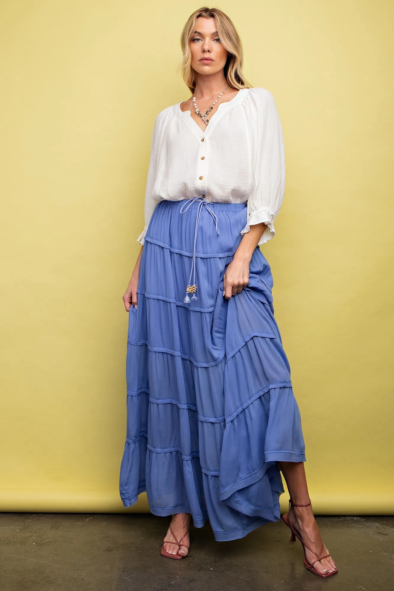 Periwinkle Drawstring Tiered Maxi Skirt sold by Pinkblush