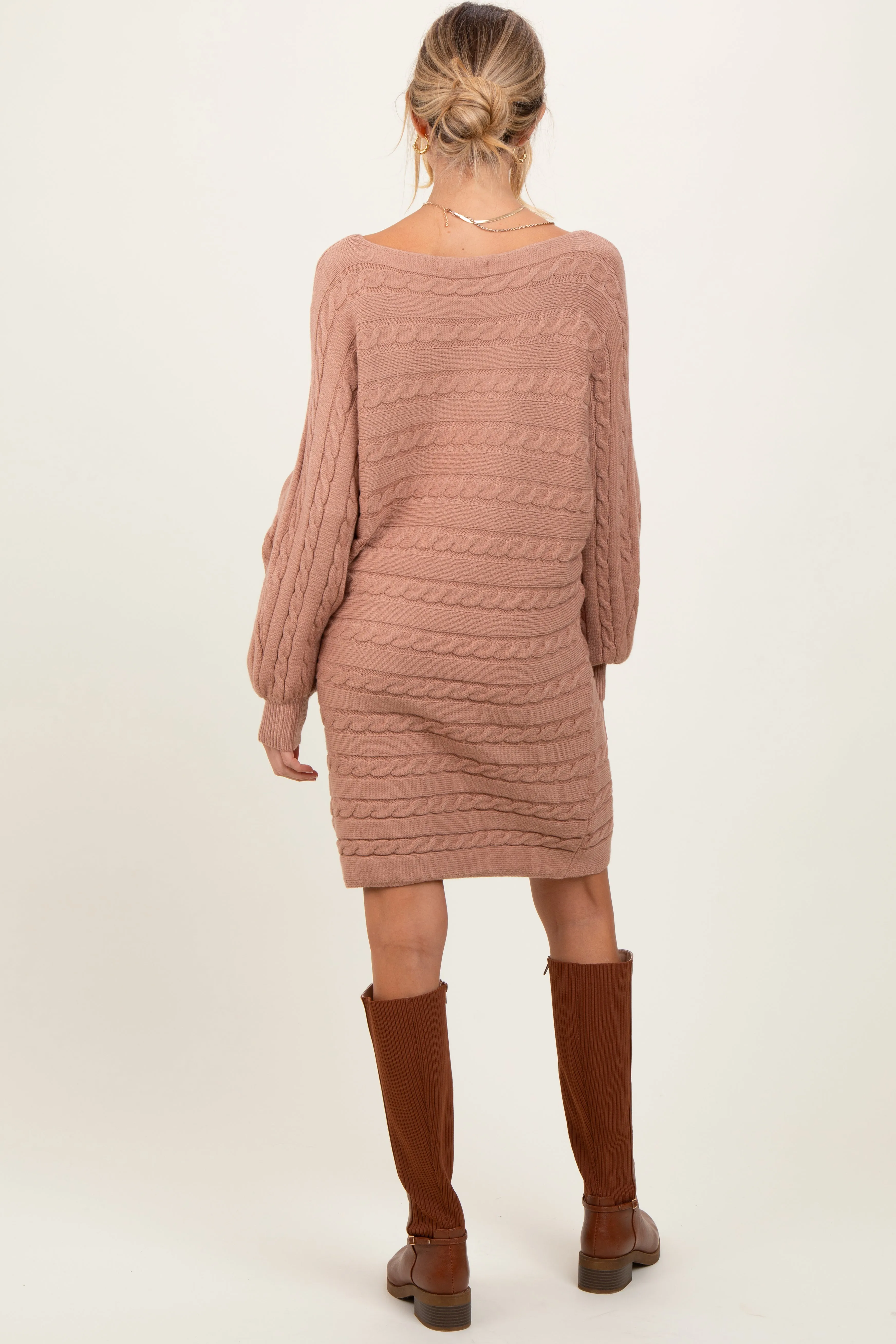 Light Taupe Cable Knit Dolman Sleeve Maternity Sweater Mini Dress sold by Pinkblush product image thumbnail 3