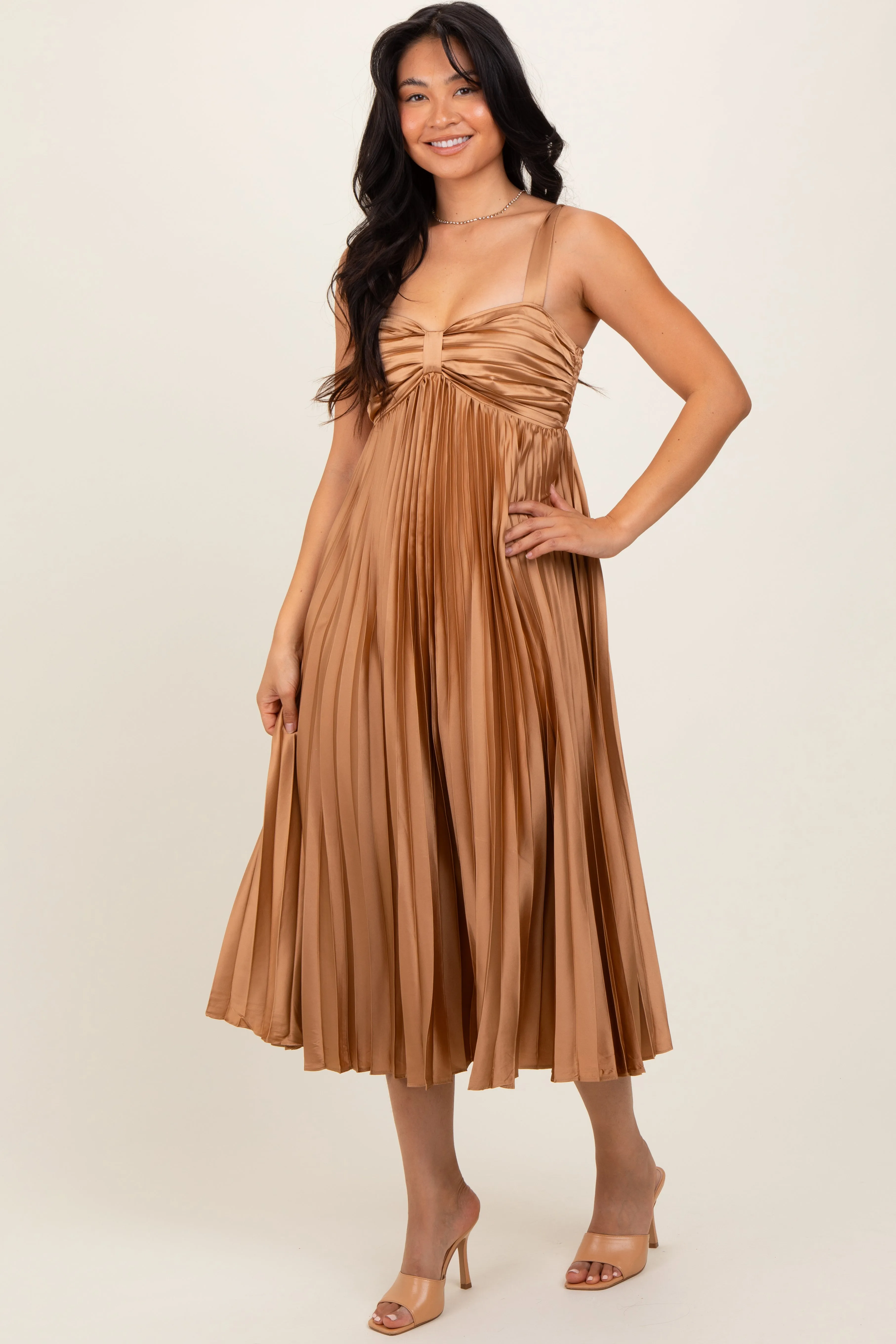 Gold Satin Pleated Sweetheart Midi Dress sold by Pinkblush product image thumbnail 2