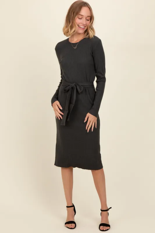 Charcoal Ribbed Sash Tie Midi Sweater Dress sold by Pinkblush