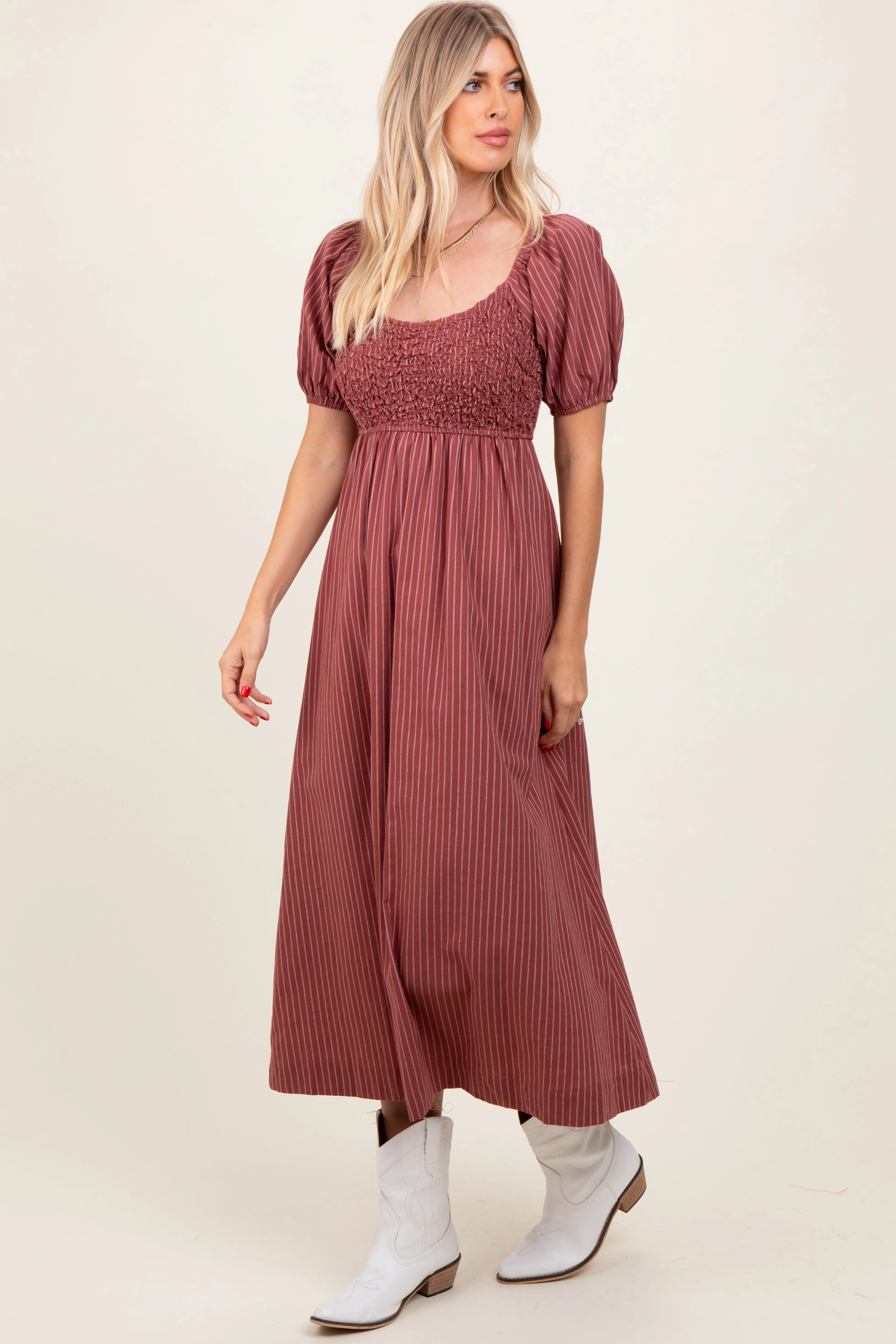 Mauve Striped Popcorn Smocked Midi Dress sold by Pinkblush product image thumbnail 2