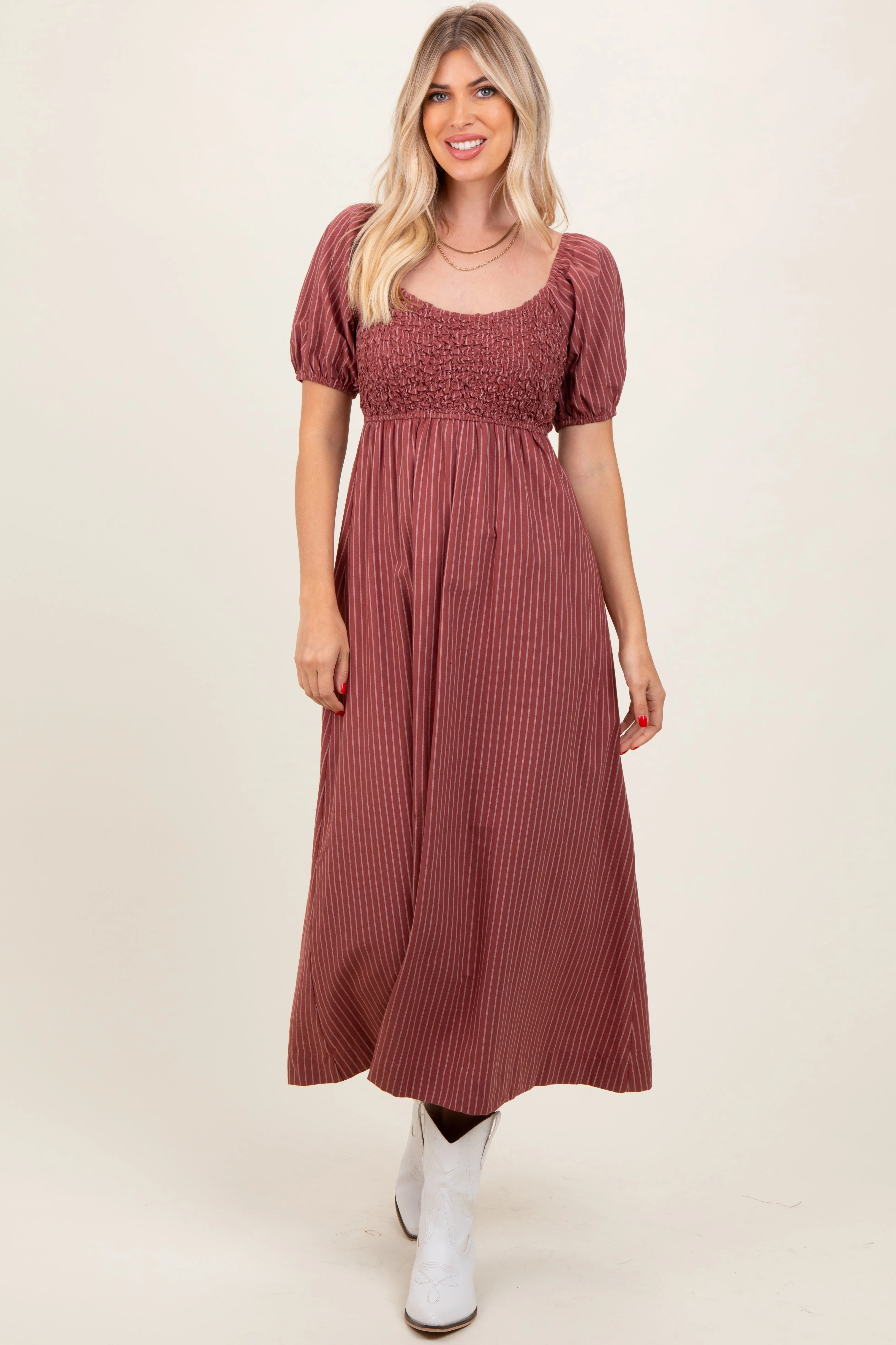 Mauve Striped Popcorn Smocked Midi Dress sold by Pinkblush