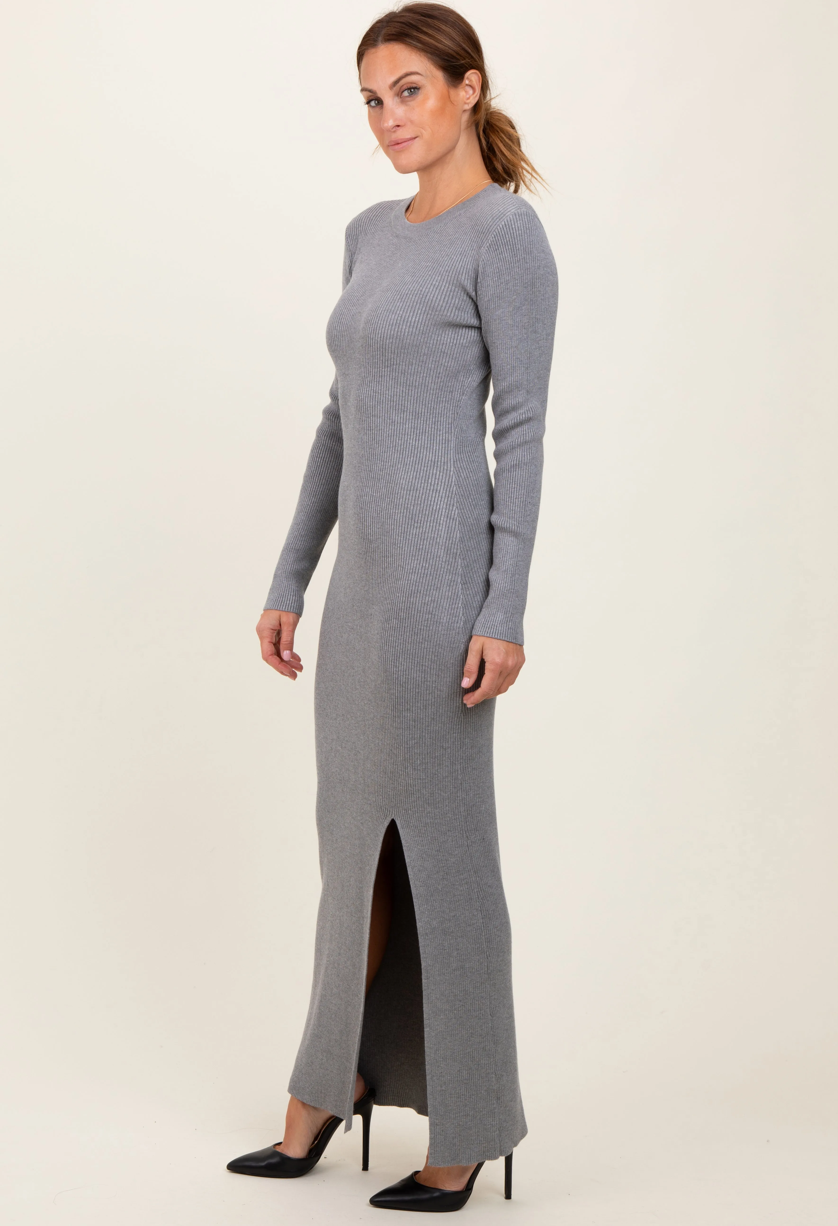 Heather Grey Ribbed Knit Long Sleeve Side Slit Maxi Dress sold by Pinkblush product image thumbnail 3