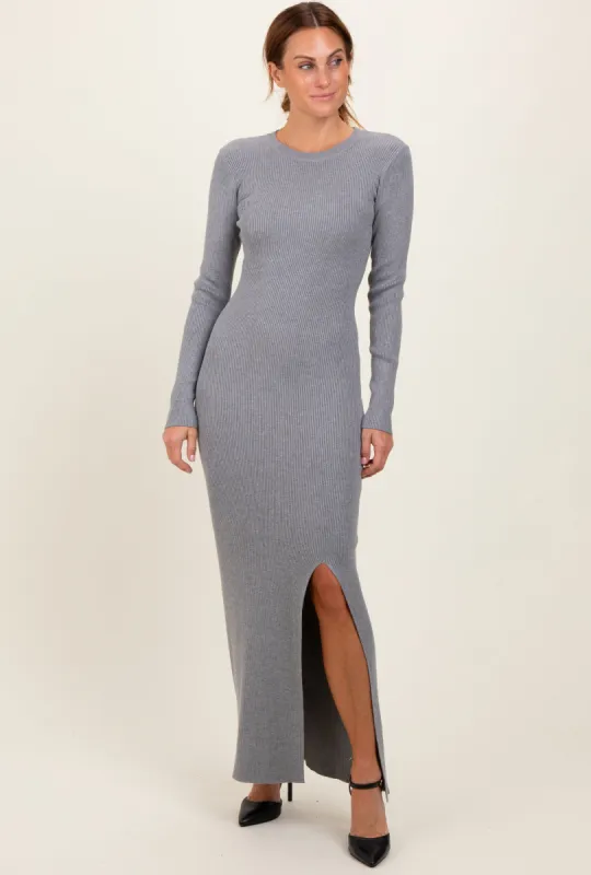 Heather Grey Ribbed Knit Long Sleeve Side Slit Maxi Dress sold by Pinkblush