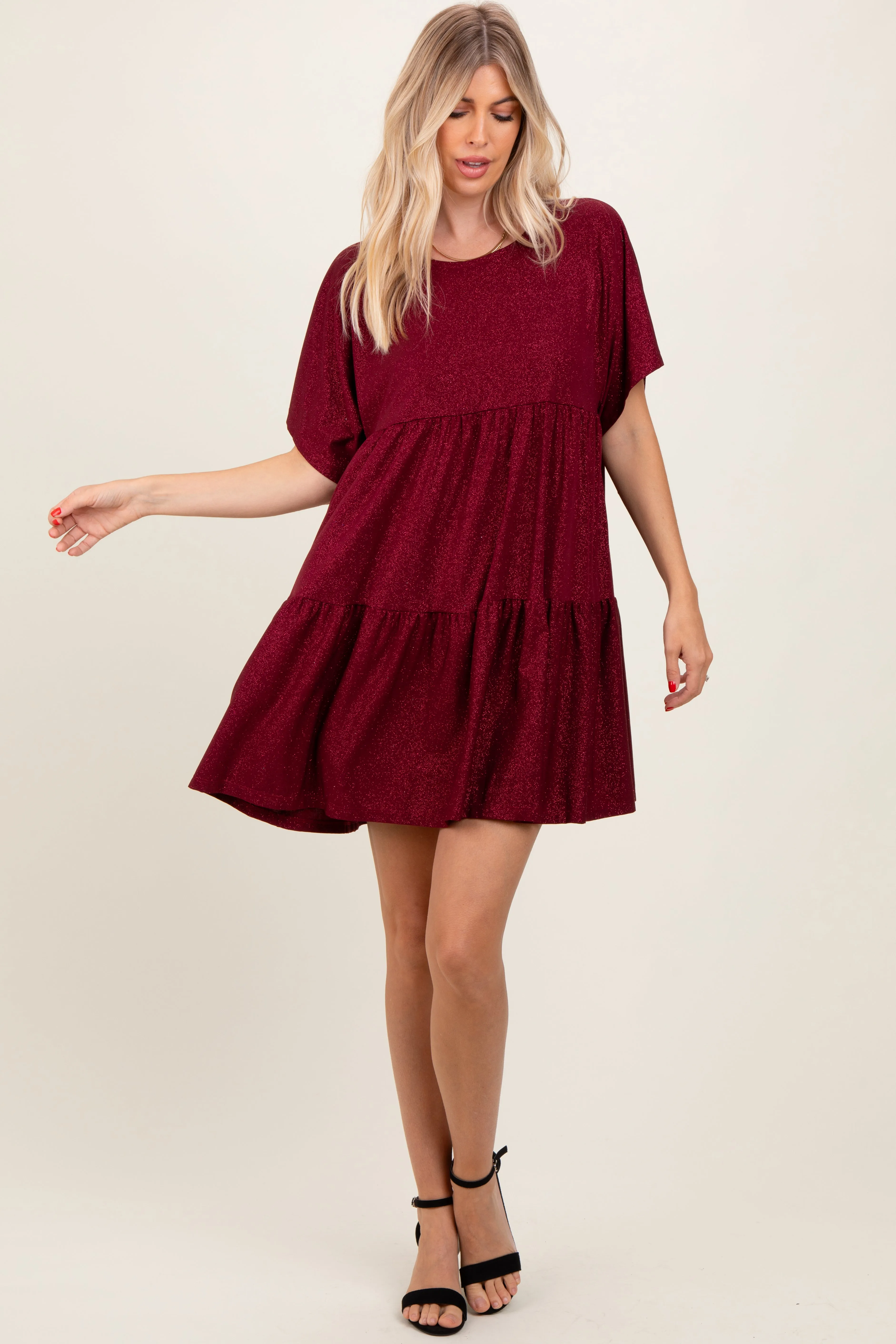 Burgundy Glitter Flutter Sleeve Tiered Dress sold by Pinkblush product image thumbnail 4
