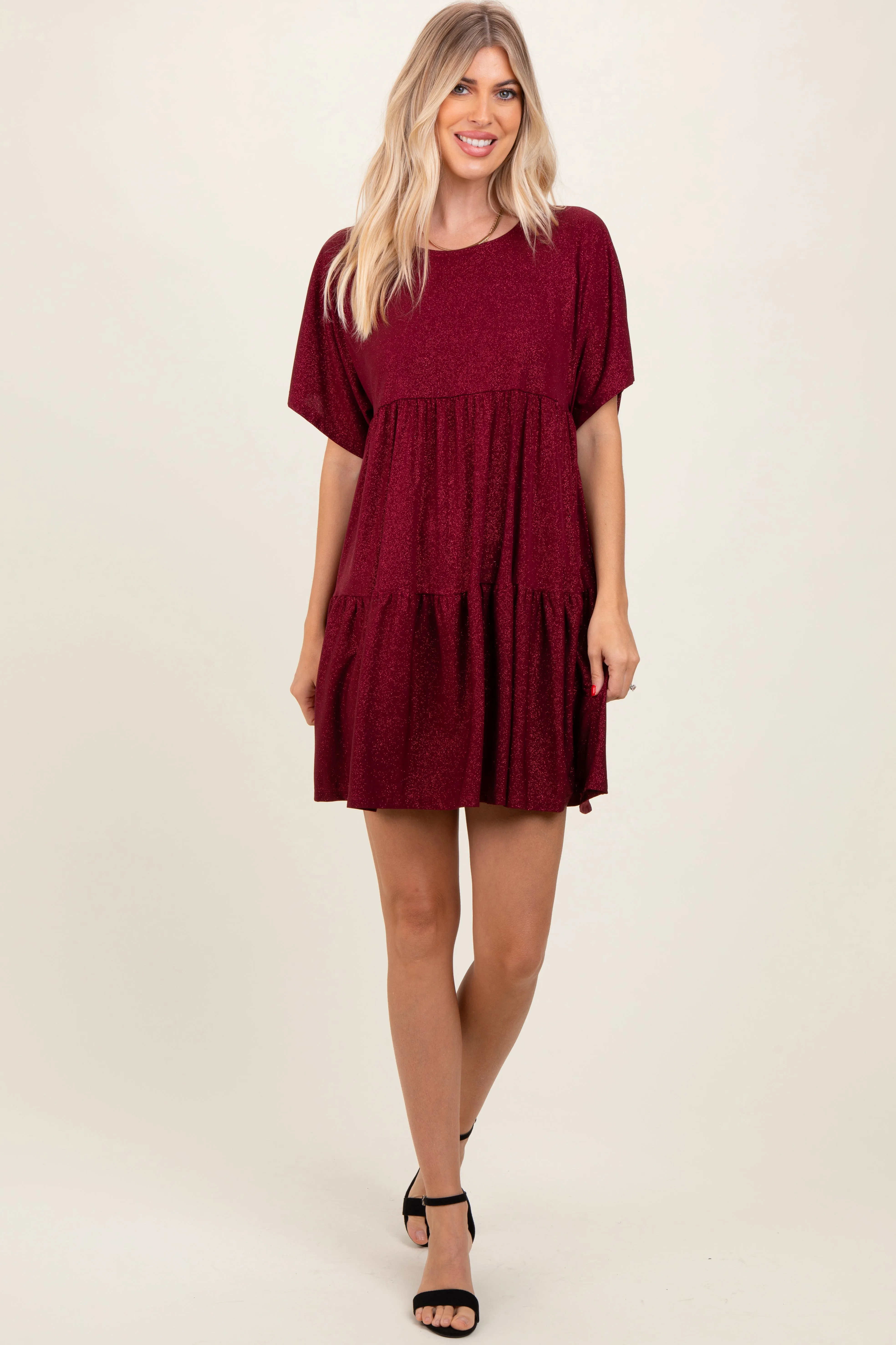 Burgundy Glitter Flutter Sleeve Tiered Dress sold by Pinkblush