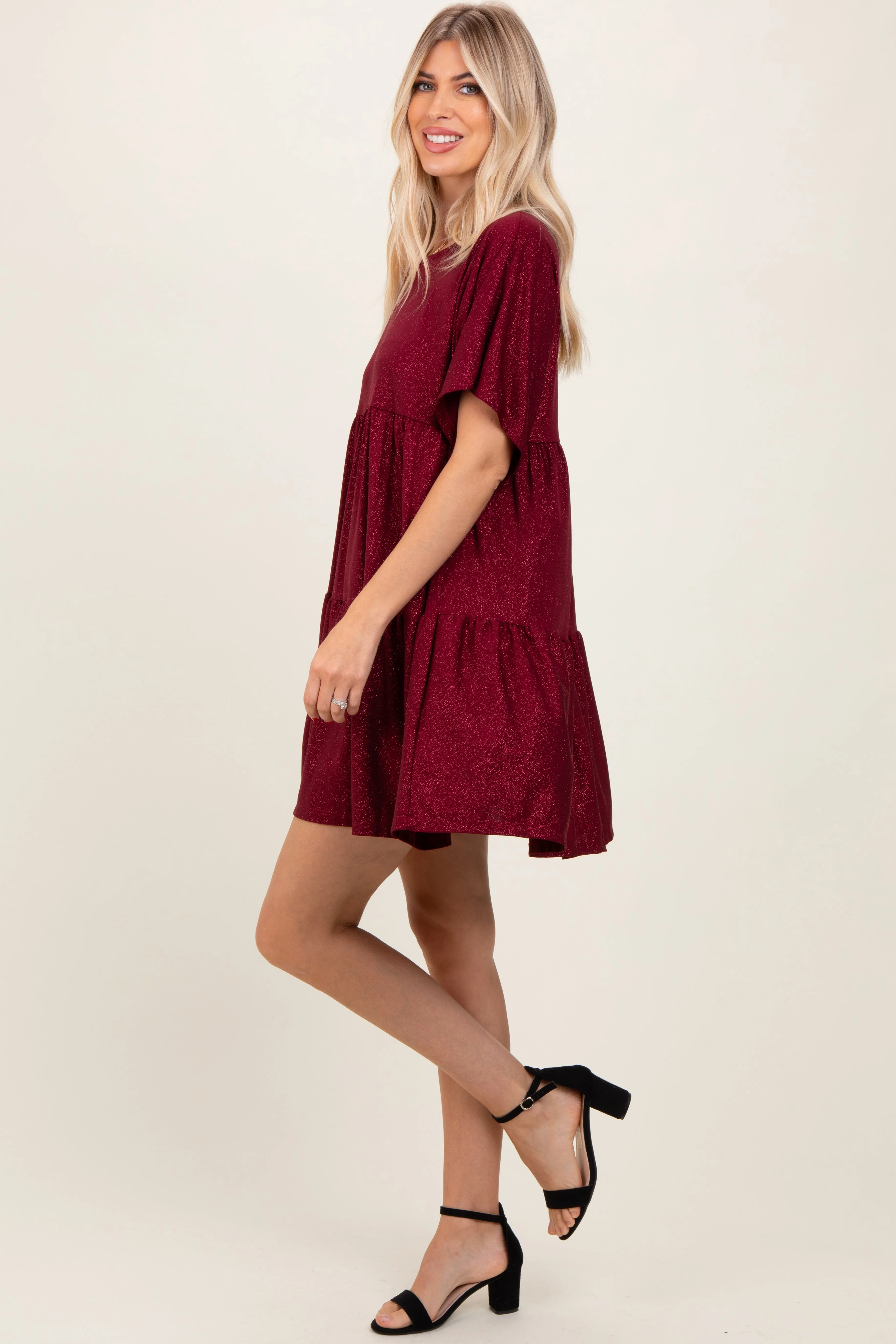 Burgundy Glitter Flutter Sleeve Tiered Dress sold by Pinkblush product image thumbnail 2