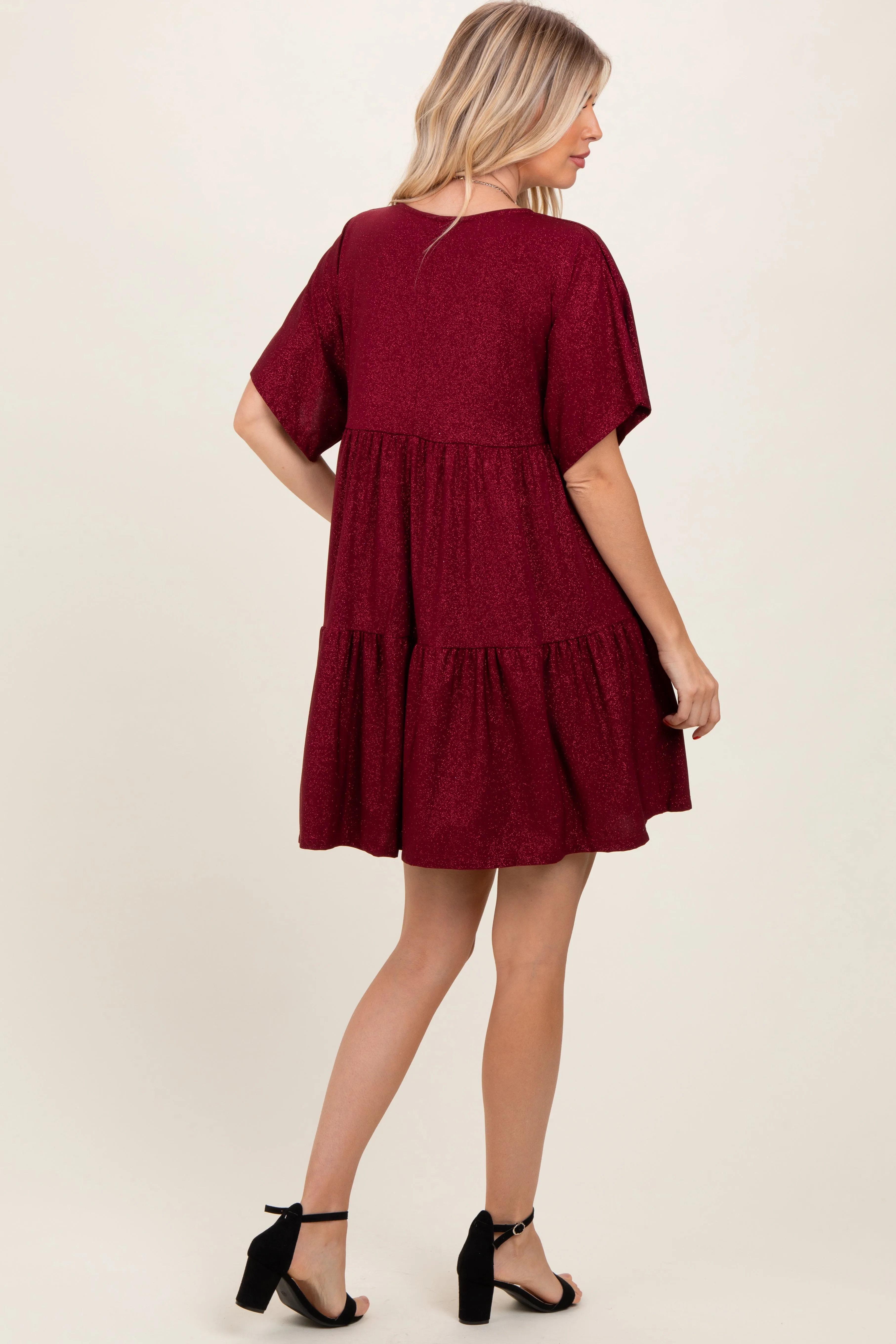 Burgundy Glitter Flutter Sleeve Tiered Dress sold by Pinkblush product image thumbnail 3