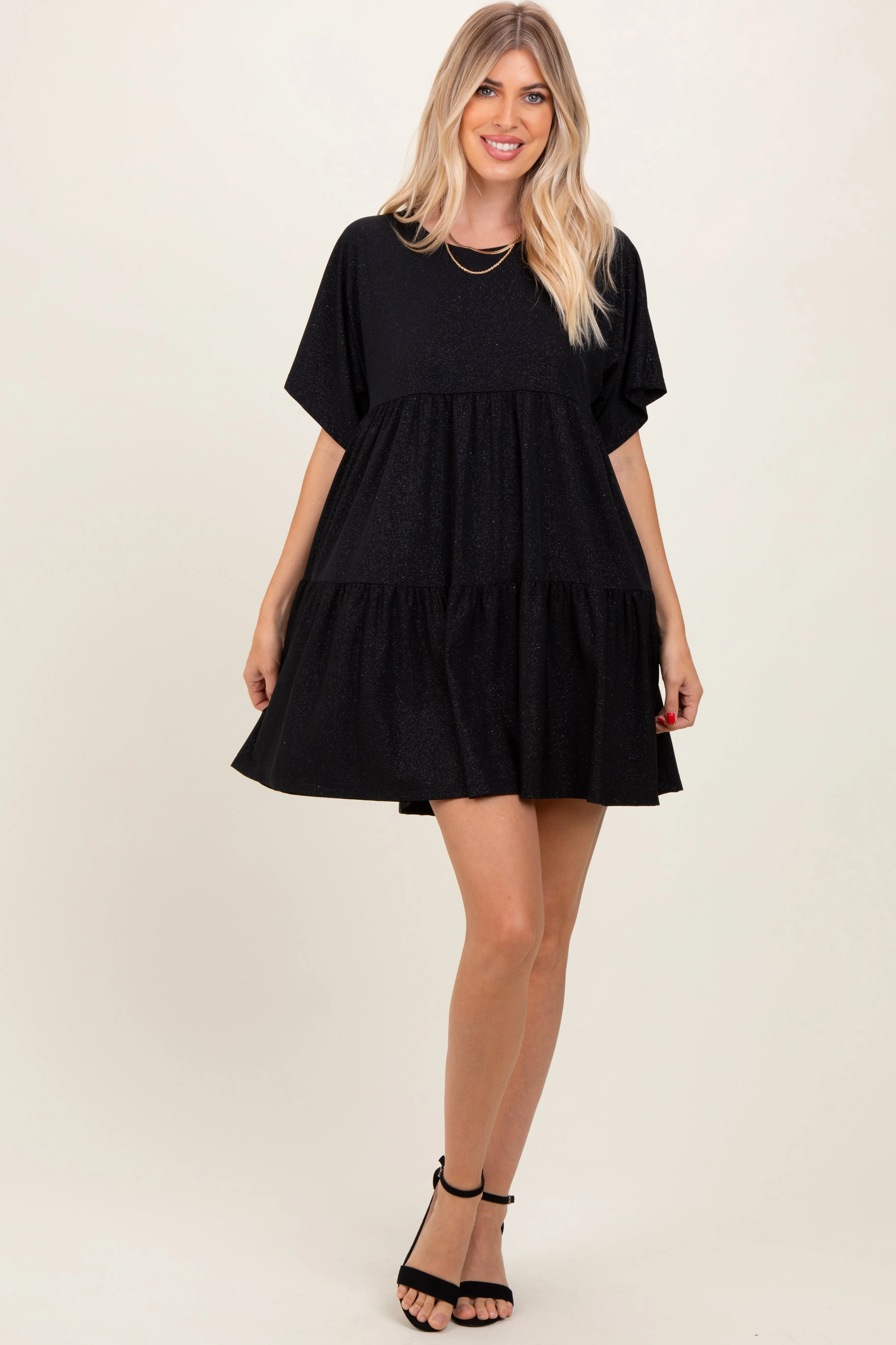 Black Glitter Flutter Sleeve Tiered Dress sold by Pinkblush product image thumbnail 2